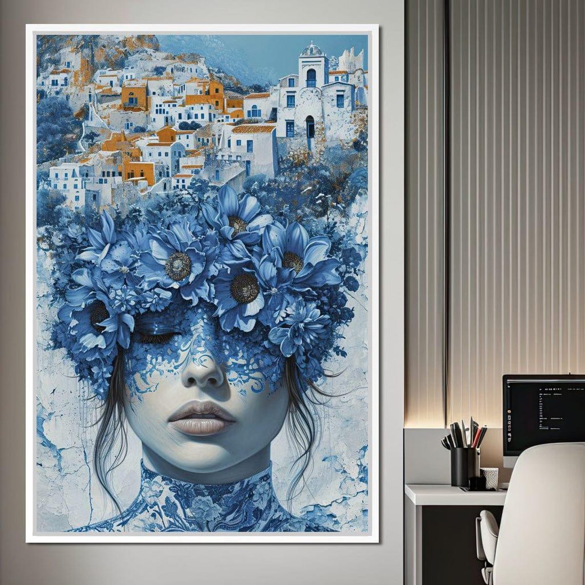 Blue Floral Woman Portrait White Mediterranean Village Art Print - Image 4
