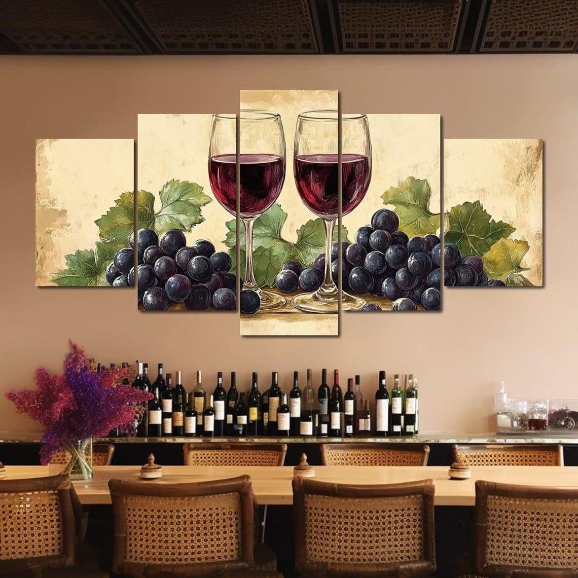 Red Wine Glasses Dark Grapes Vintage Still Life Kitchen Decor Art - Image 3
