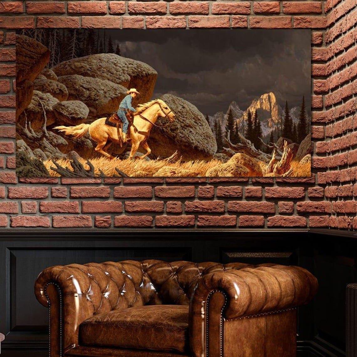 Cowboy Riding Palomino Horse Rocky Canyon Western Sunset Wall Poster - Image 2