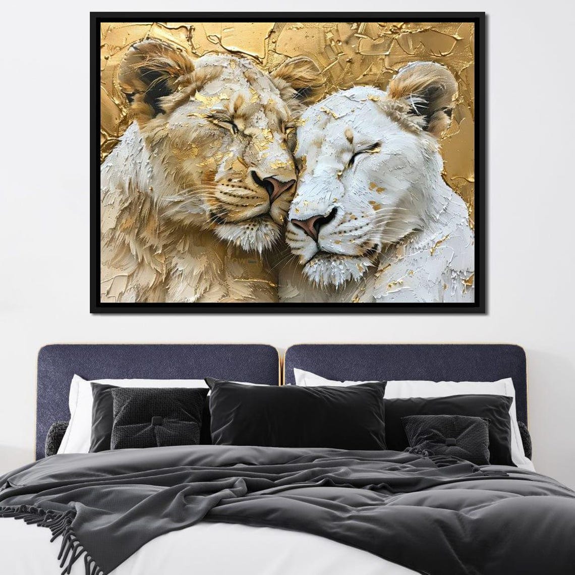 Golden Lions Nuzzling Tender Embrace Gold Leaf Wildlife Wall Art - Image 2