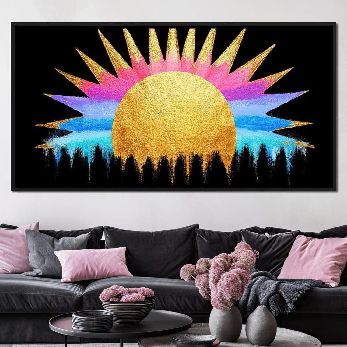 Golden Sun Rainbow Rays Black Forest Silhouette Bold Modern Print - Image 4