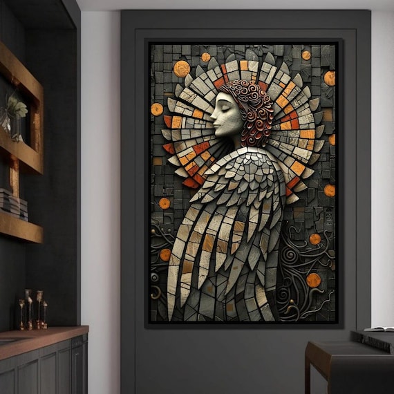 Mosaic Angel Enchantment Ethereal Home Decor Angelic Spiritual Art Serene Gray Orange Wall Art By Nichecanvas