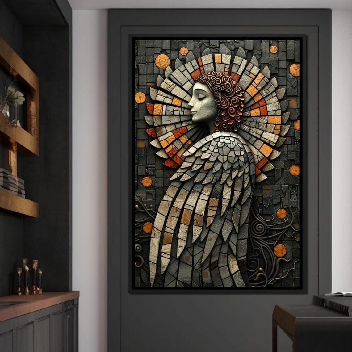 Mosaic Angel Gray Orange Wings Gothic Spiritual Dark Wall Art Poster