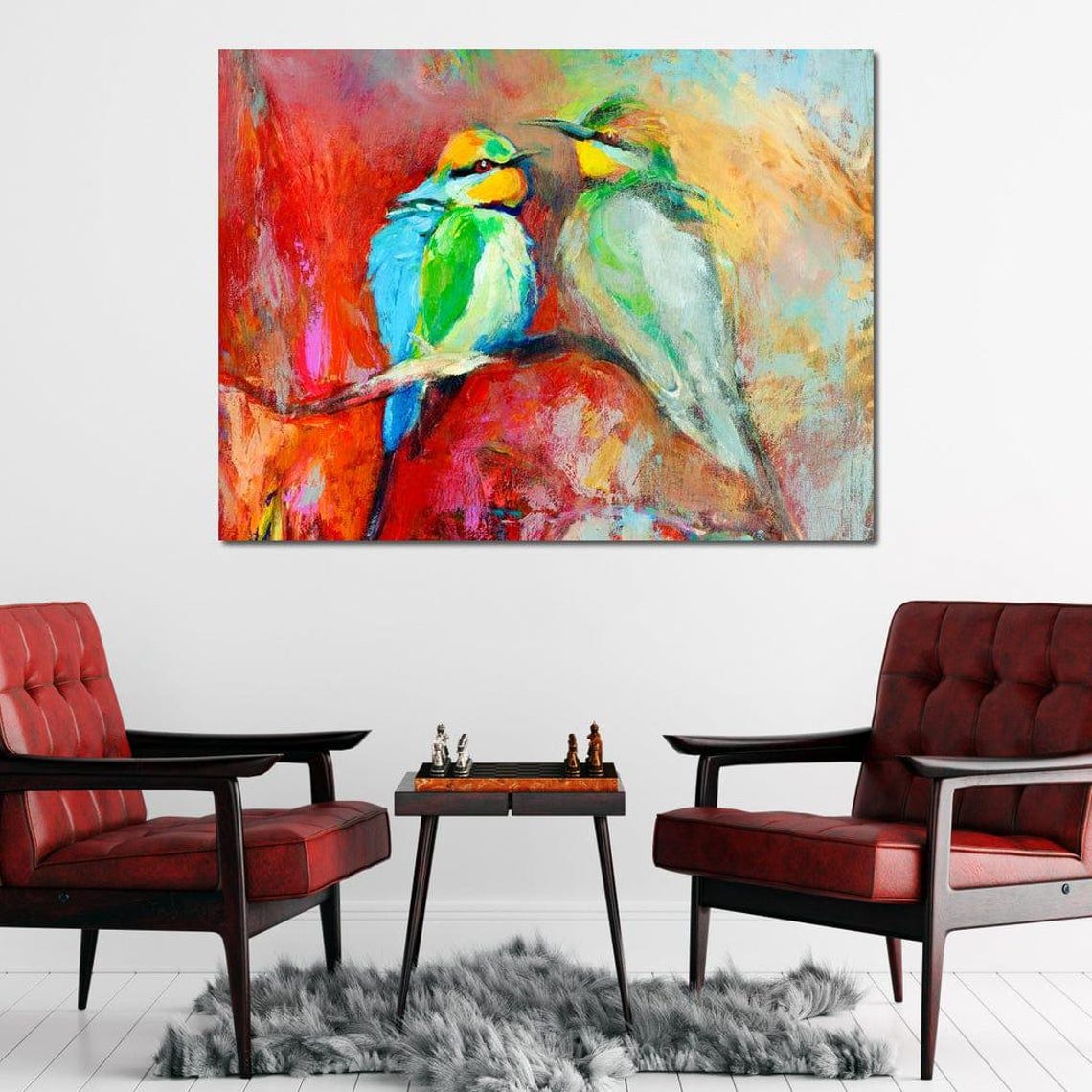 Two Colorful Songbirds Painting Vibrant Abstract Bird Wall Art - Image 2