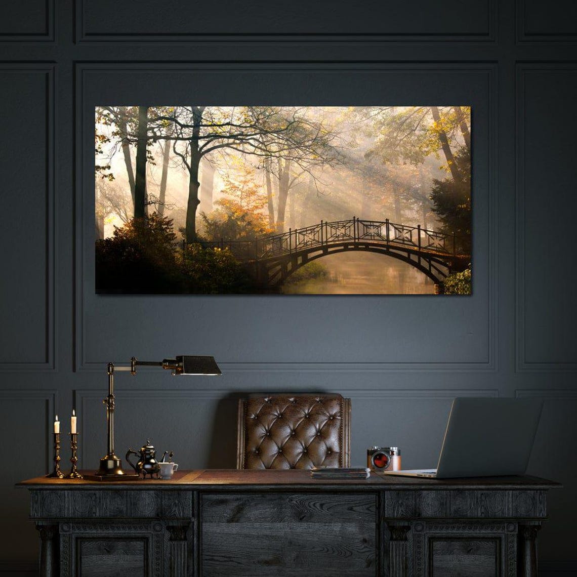 Misty Park Bridge Autumn River Golden Morning Landscape Travel Poster - Image 4