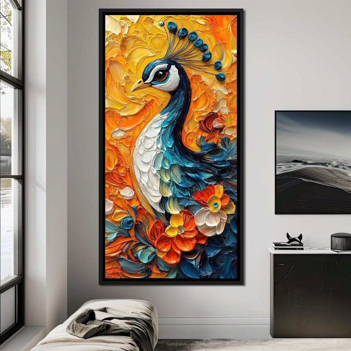 Peacock Impasto Vibrant Orange Blue Floral Textured Modern Art Poster - Image 4