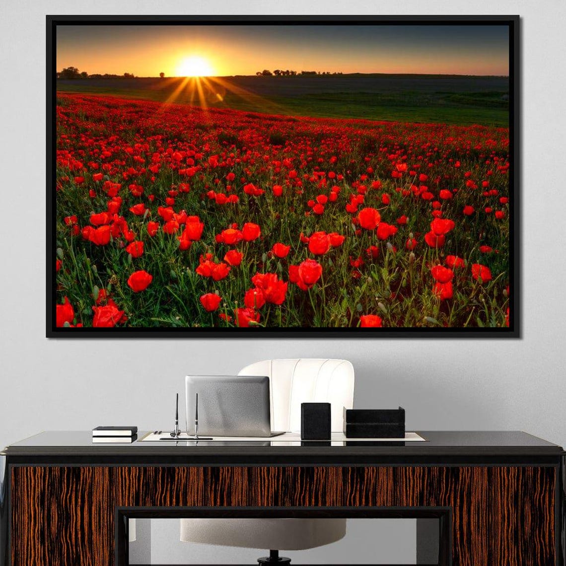 Red Poppy Field At Sunset Photography Scenic Nature Wall Art Poster