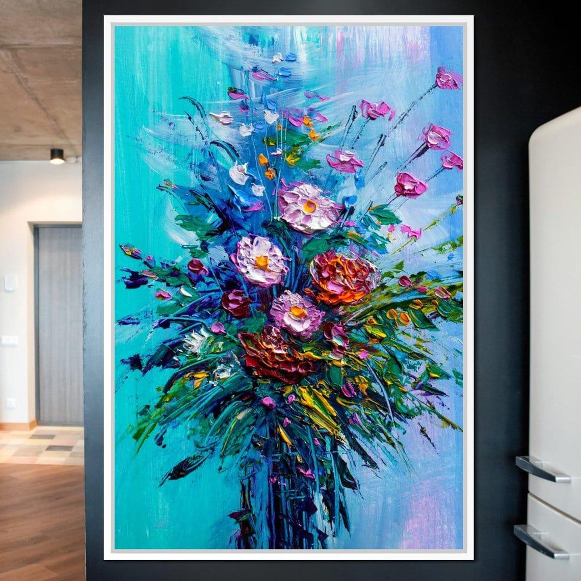 Vibrant Flower Bouquet Blue Background Bold Oil Painting Art Poster