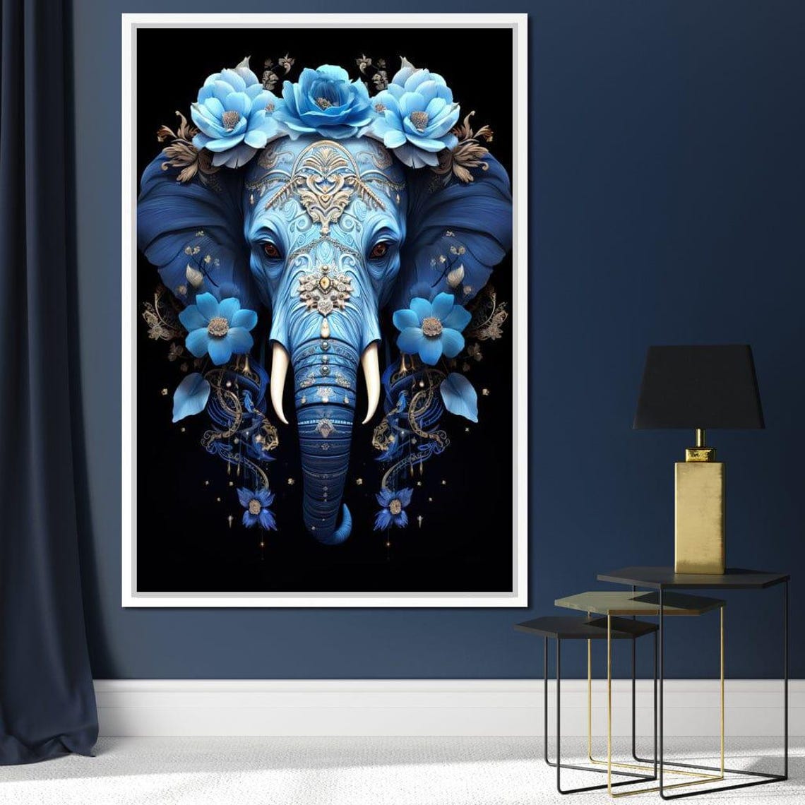 Large Blue Floral Elephant Mystical Fantasy Boho Animal Art Print - Image 4