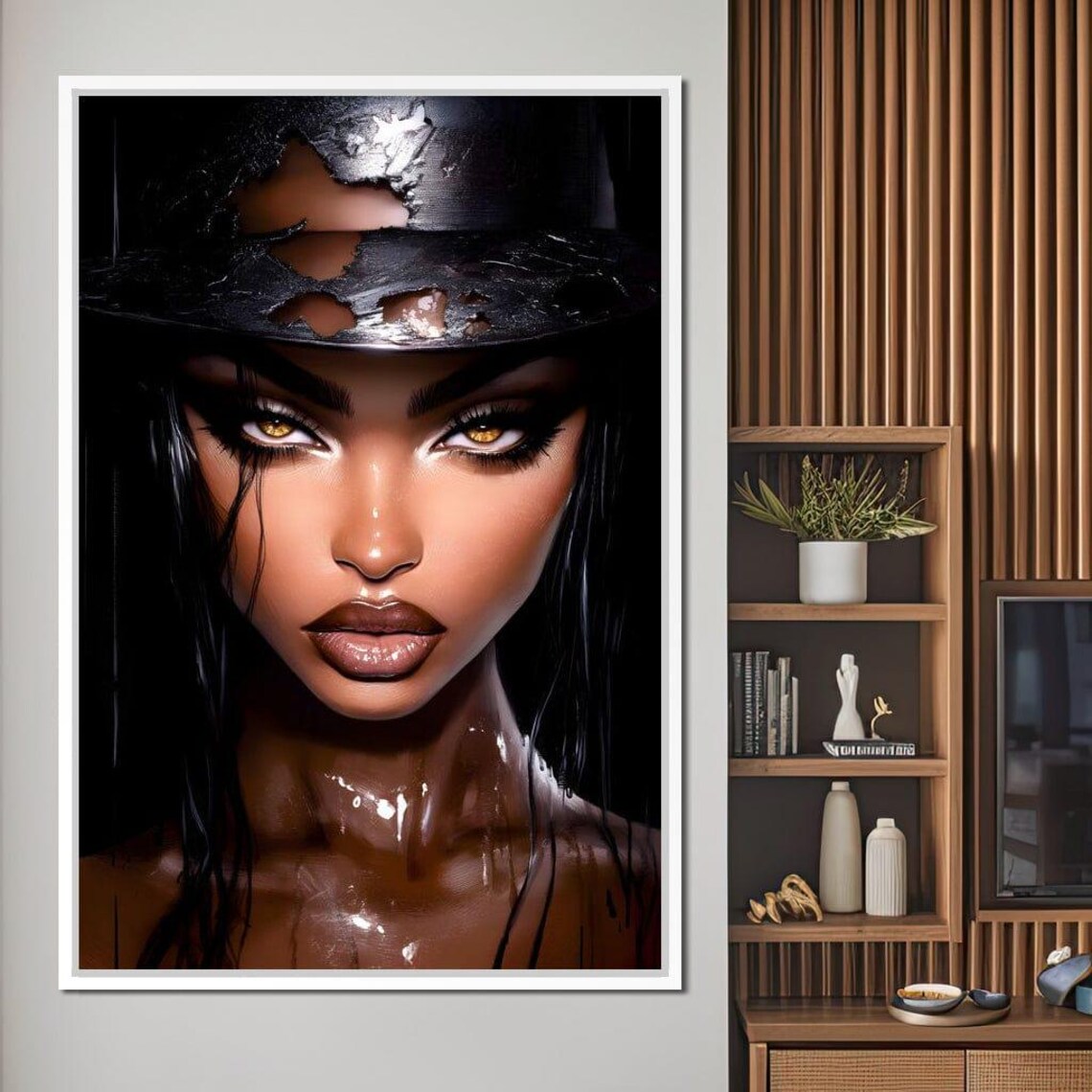 Mysterious Woman in Torn Black Hat Golden Eyes Dark Beauty Wall Art Poster - Image 2