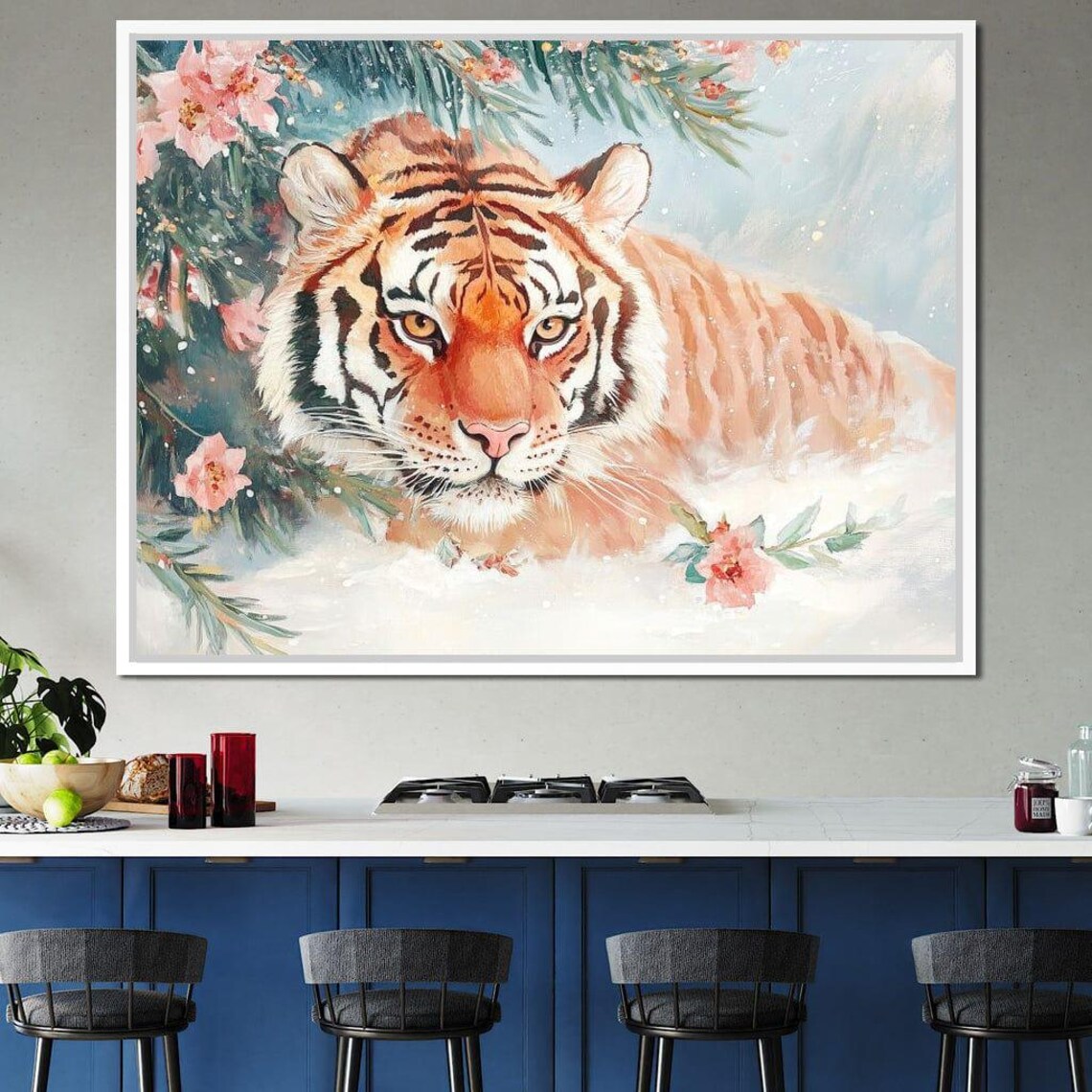 Majestic Tiger Resting In Snow Among Pine Branches And Pink Blossoms Poster - Image 3