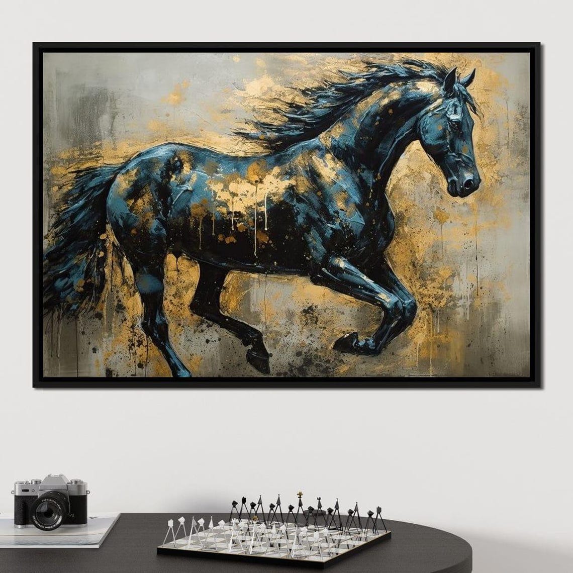 Black Stallion Galloping Gold Splatter Dynamic Equine Art Wall Poster - Image 2
