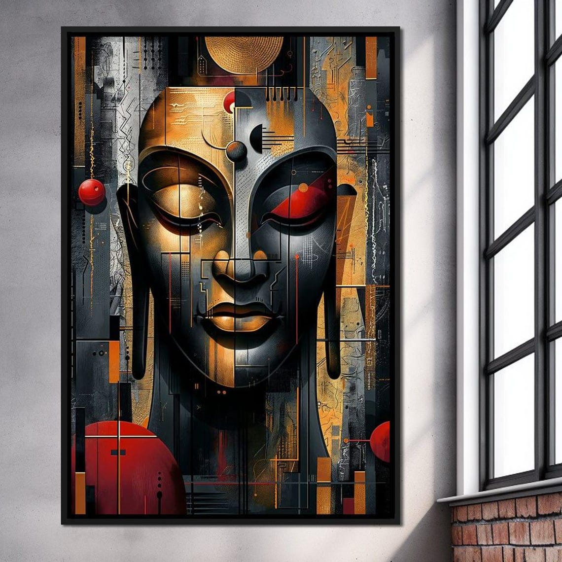 Geometric Buddha Face Abstract Gold Red Modern Spiritual Art