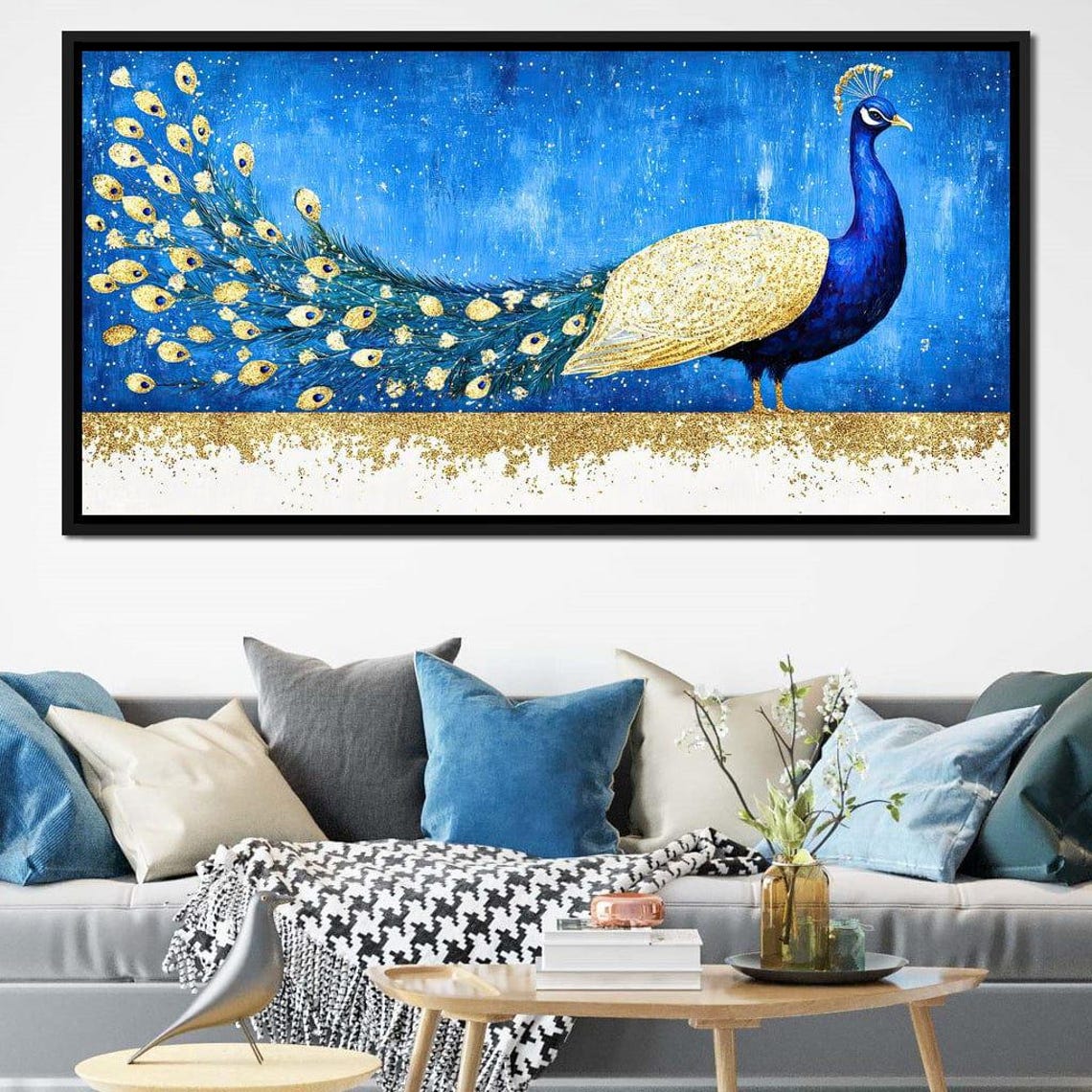 Majestic Peacock With Gold Glitter Tail On A Blue Night Poster - Image 2