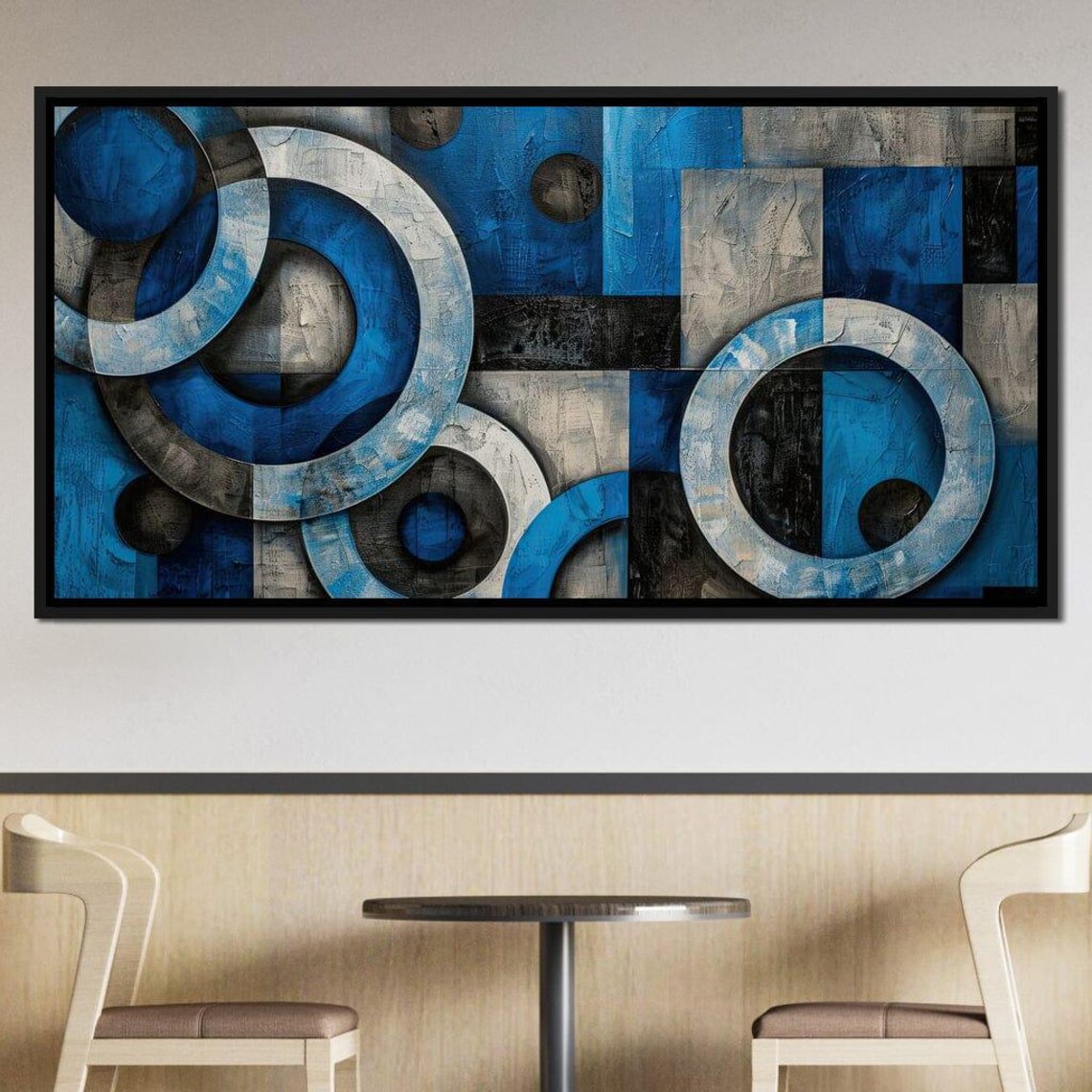 Blue Black Grey Overlapping Circle Rings Multi Panel Geometric Wall Art Print - Image 3
