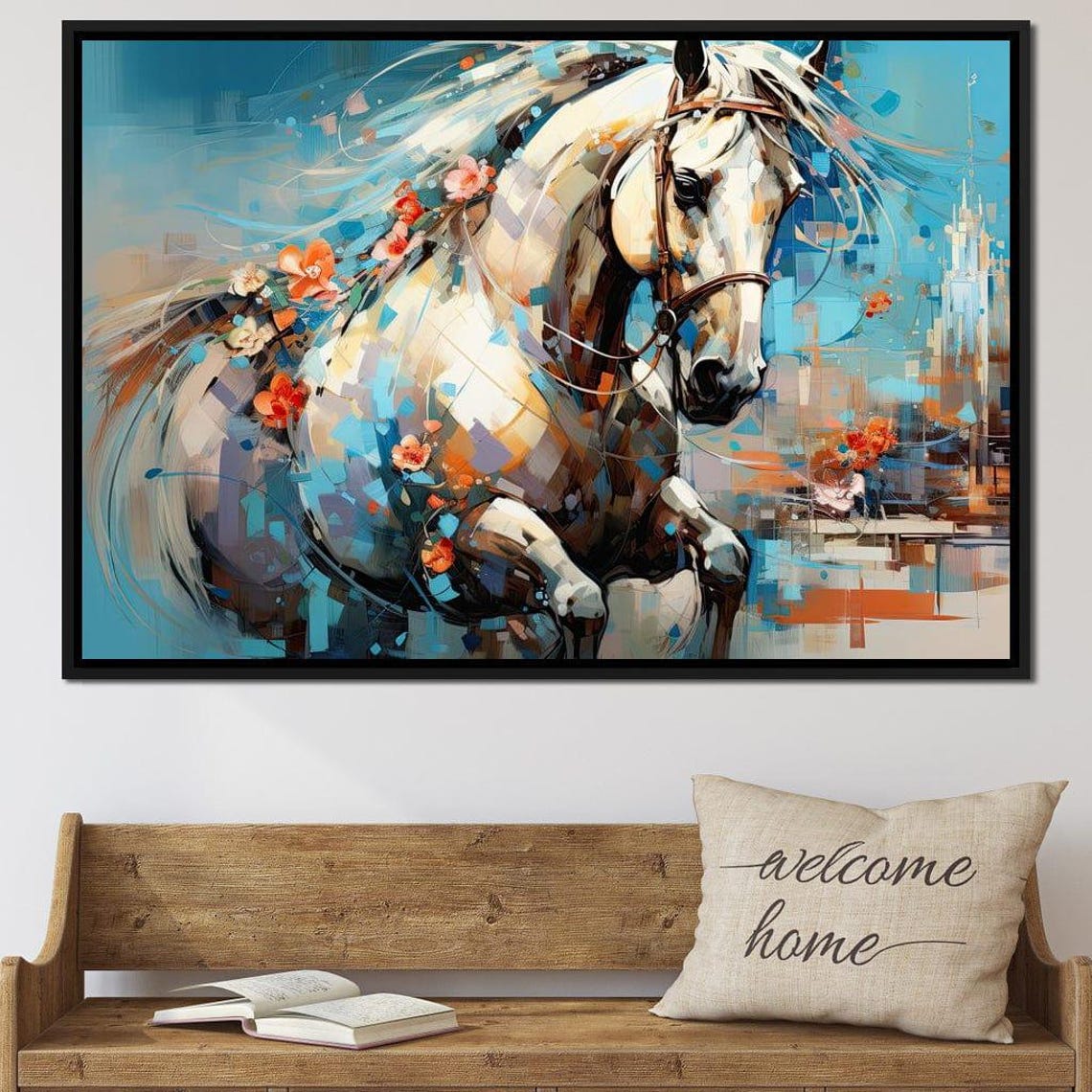 White Galloping Horse Blue Floral Abstract Equine Painting Wall Art - Image 3