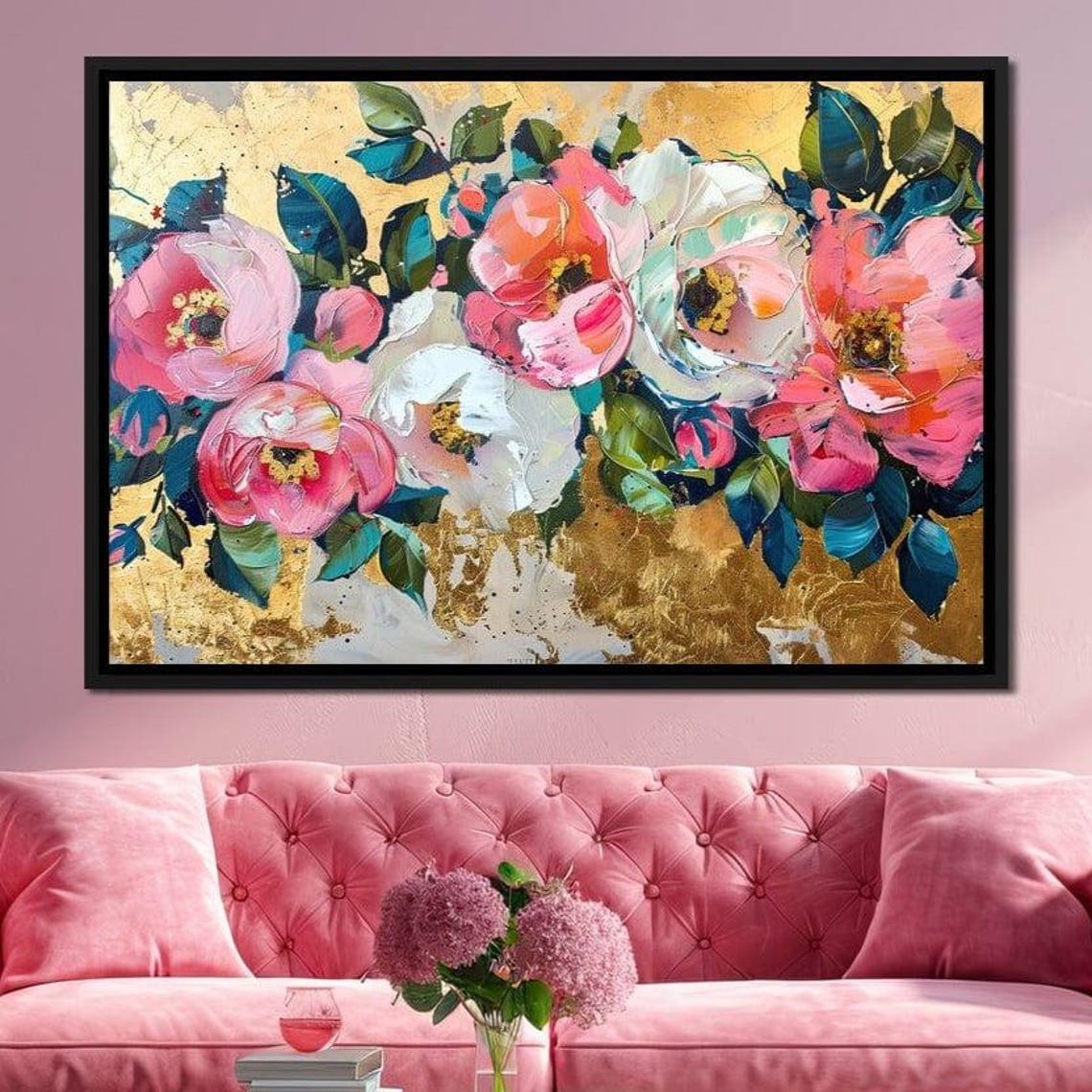 Pink Coral White Peonies Flowers Gold Leaf Background Floral Poster - Image 2