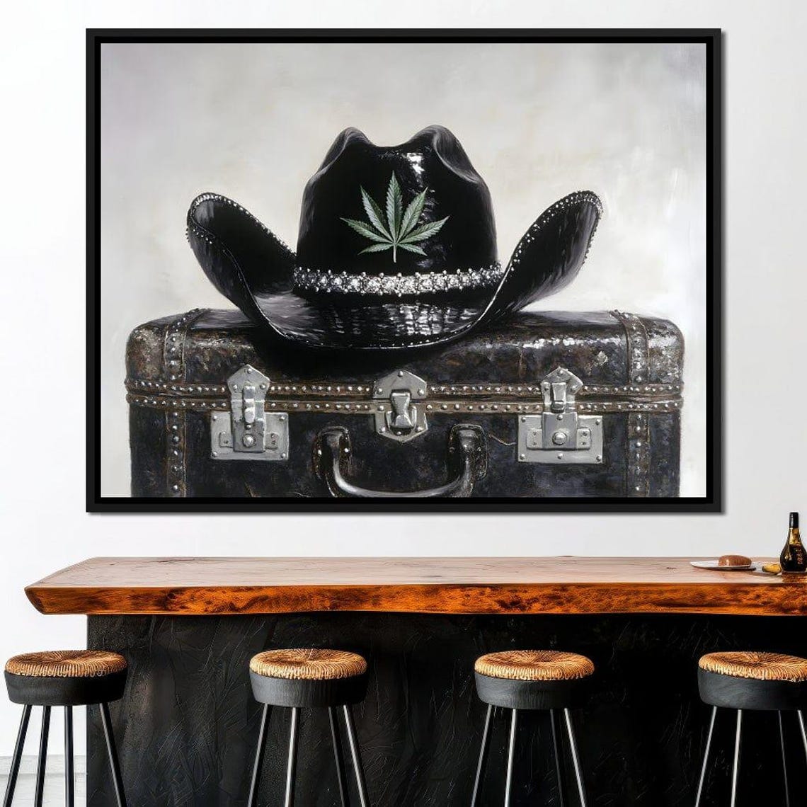 Shiny Black Cowboy Hat With Rhinestones On A Vintage Trunk Poster - Image 2