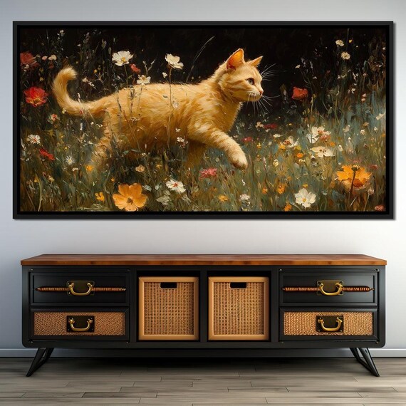 Ginger Cat Strolling Through Wildflower Meadow Night Painterly Poster