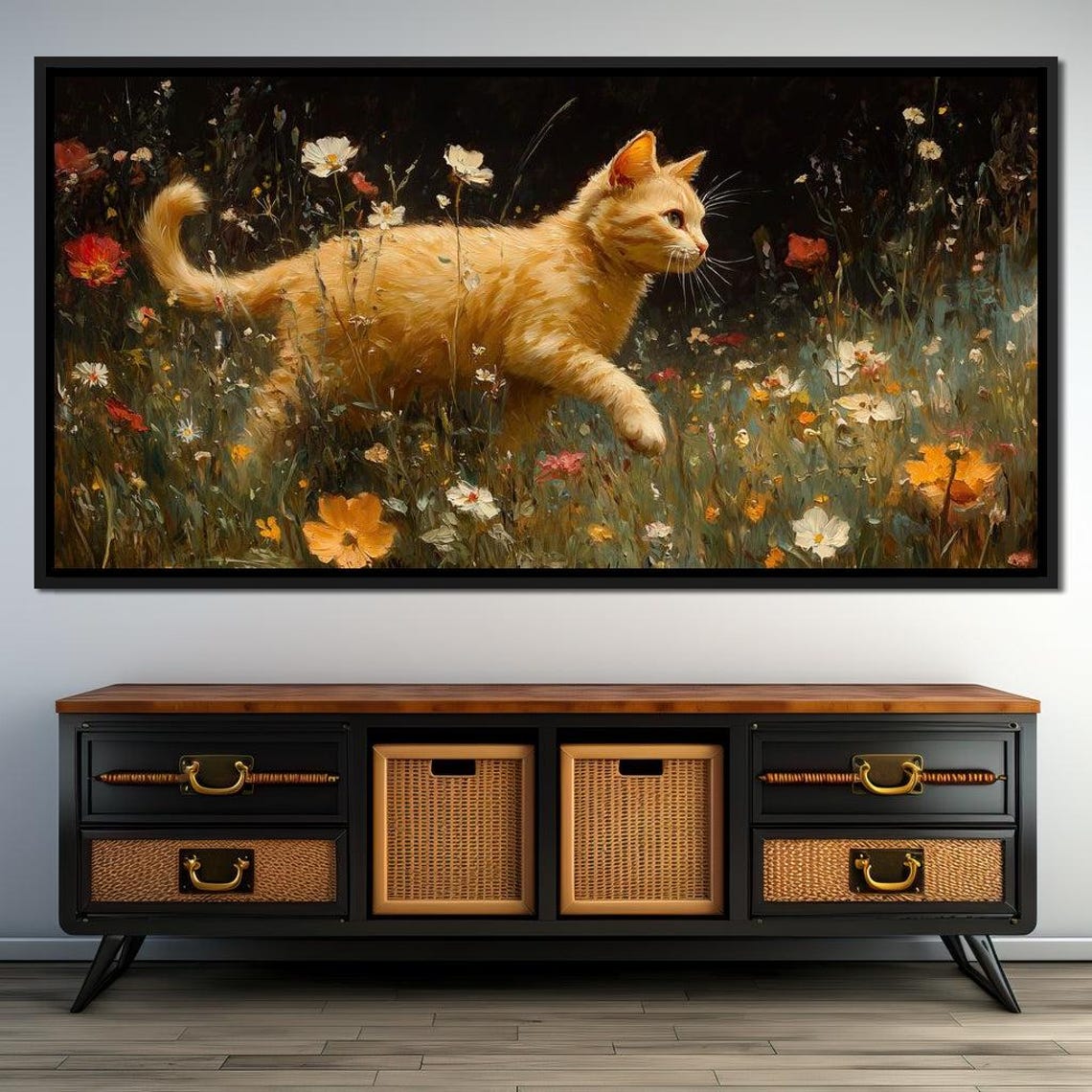 Ginger Cat Strolling Through Wildflower Meadow Night Painterly Poster
