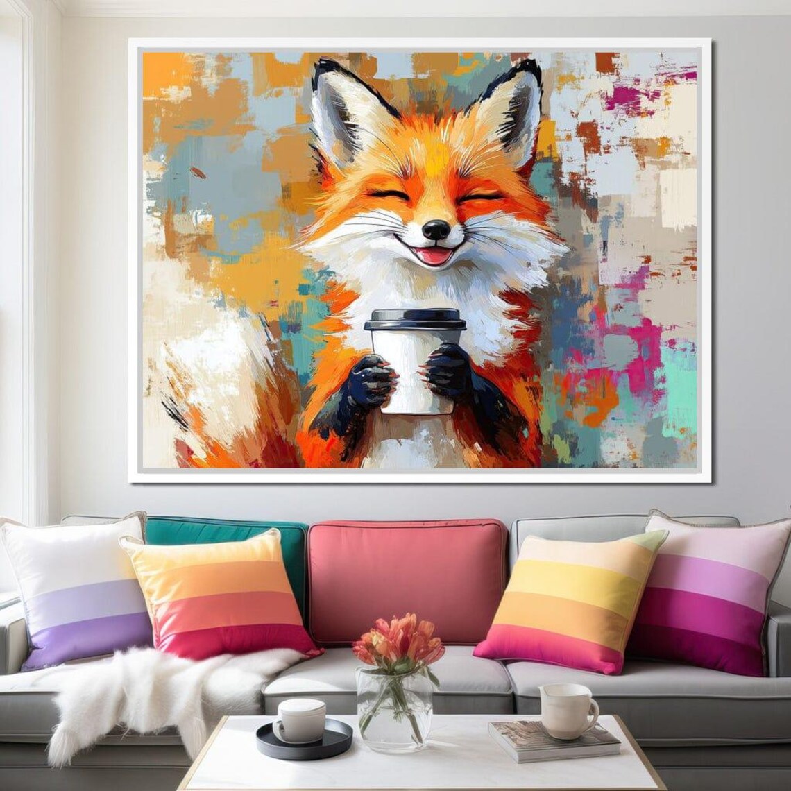 Happy Orange Fox Holding Coffee Cup Colorful Abstract Cute Animal Poster