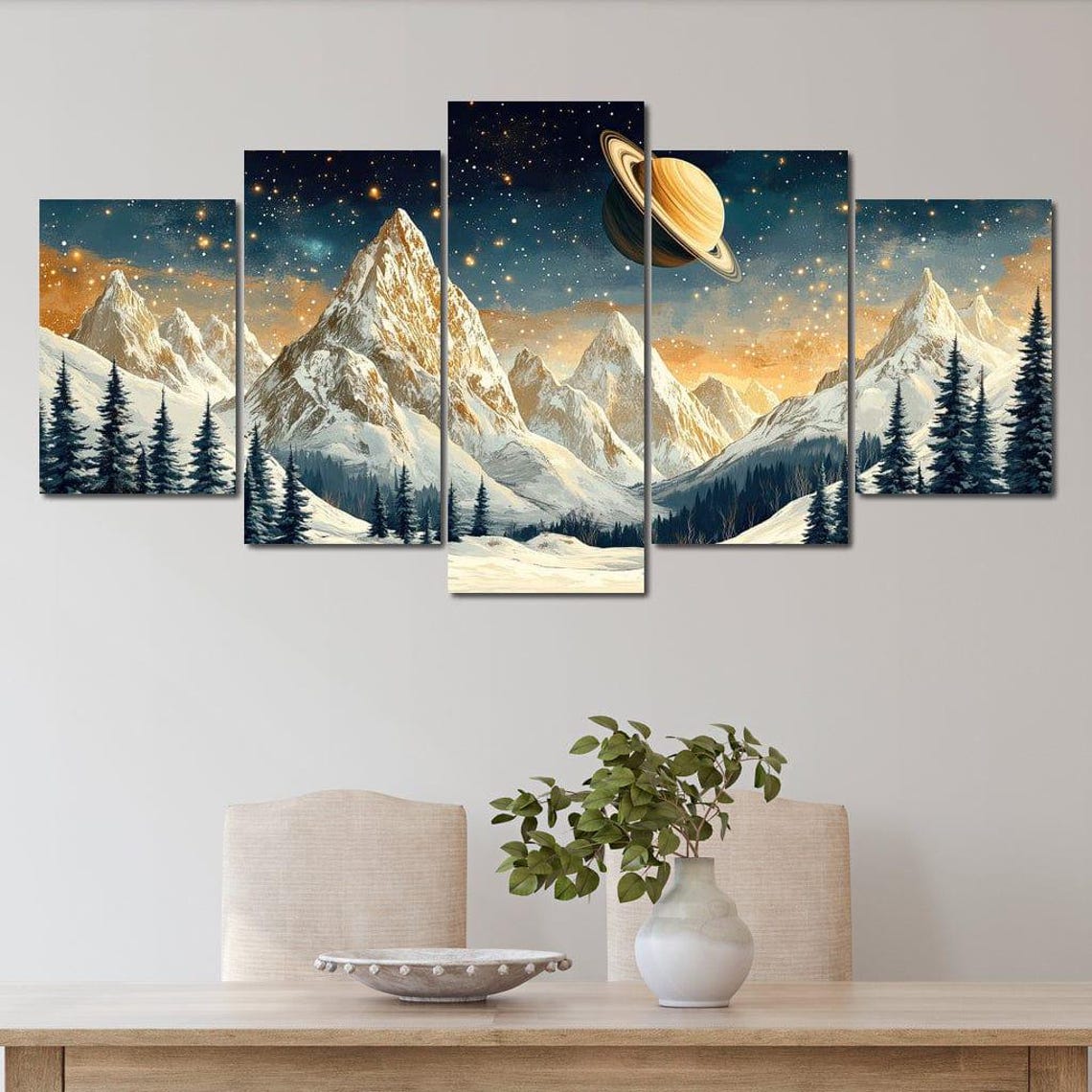 Saturn Over Snow Capped Peaks Home Decor Celestial Landscape Cosmic Mountain Starry Night Art By Nichecanvas - Image 3