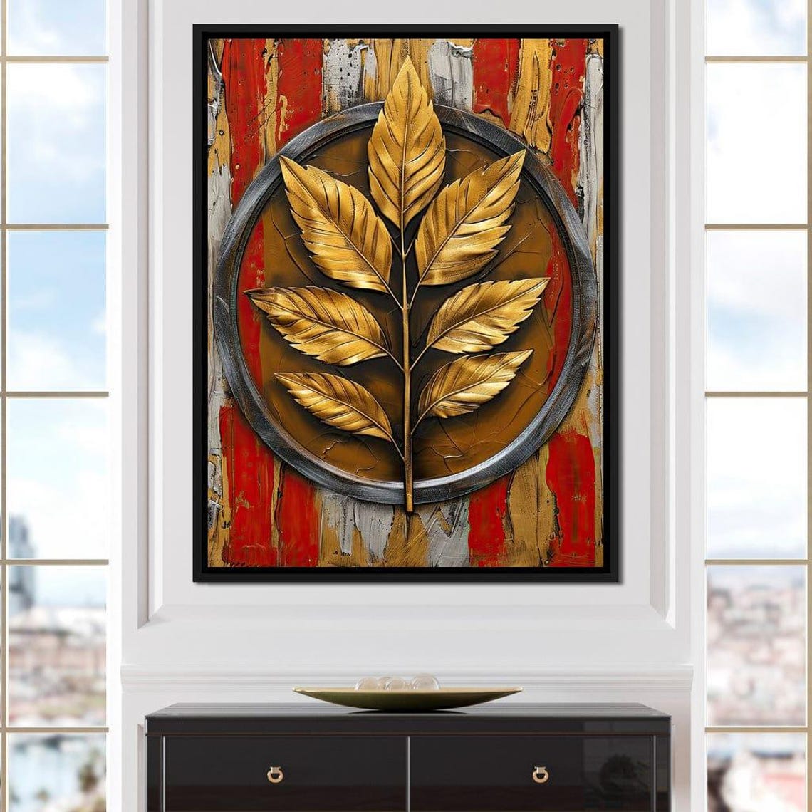 Golden Foliage Leaves Circular Frame Red Abstract Botanical Poster