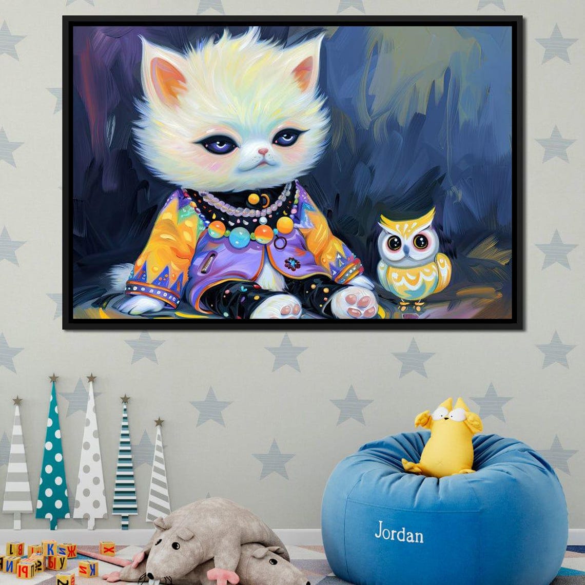 Whimsical Kitten Owl Friends Purple Night Sky Kids Room Art Print - Image 3
