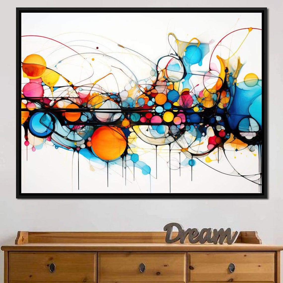 Multicolor Ink Circles Lines Symmetric Framed Abstract Wall Art - Image 3