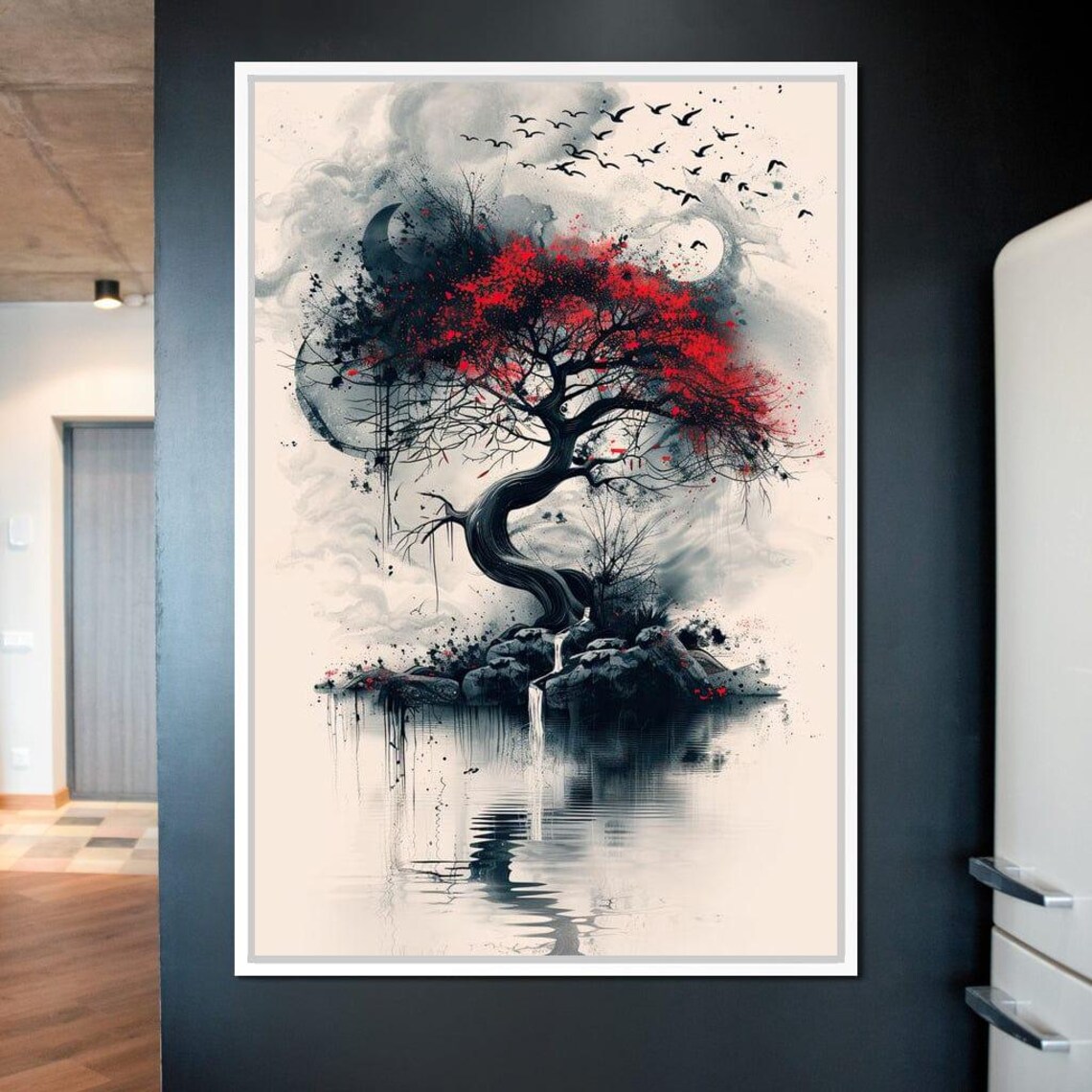 Japanese Red Tree Ink Wash Art Moon Birds Zen Minimalist Wall Poster - Image 2