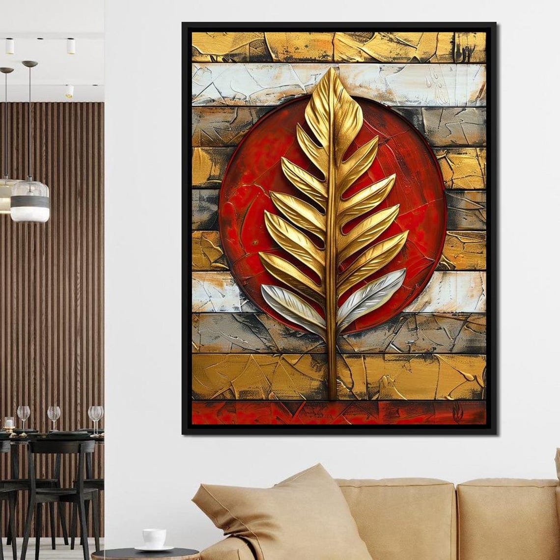 Golden Leaf Red Sun Textured Wood Panel Botanical Abstract Wall Art - Image 2