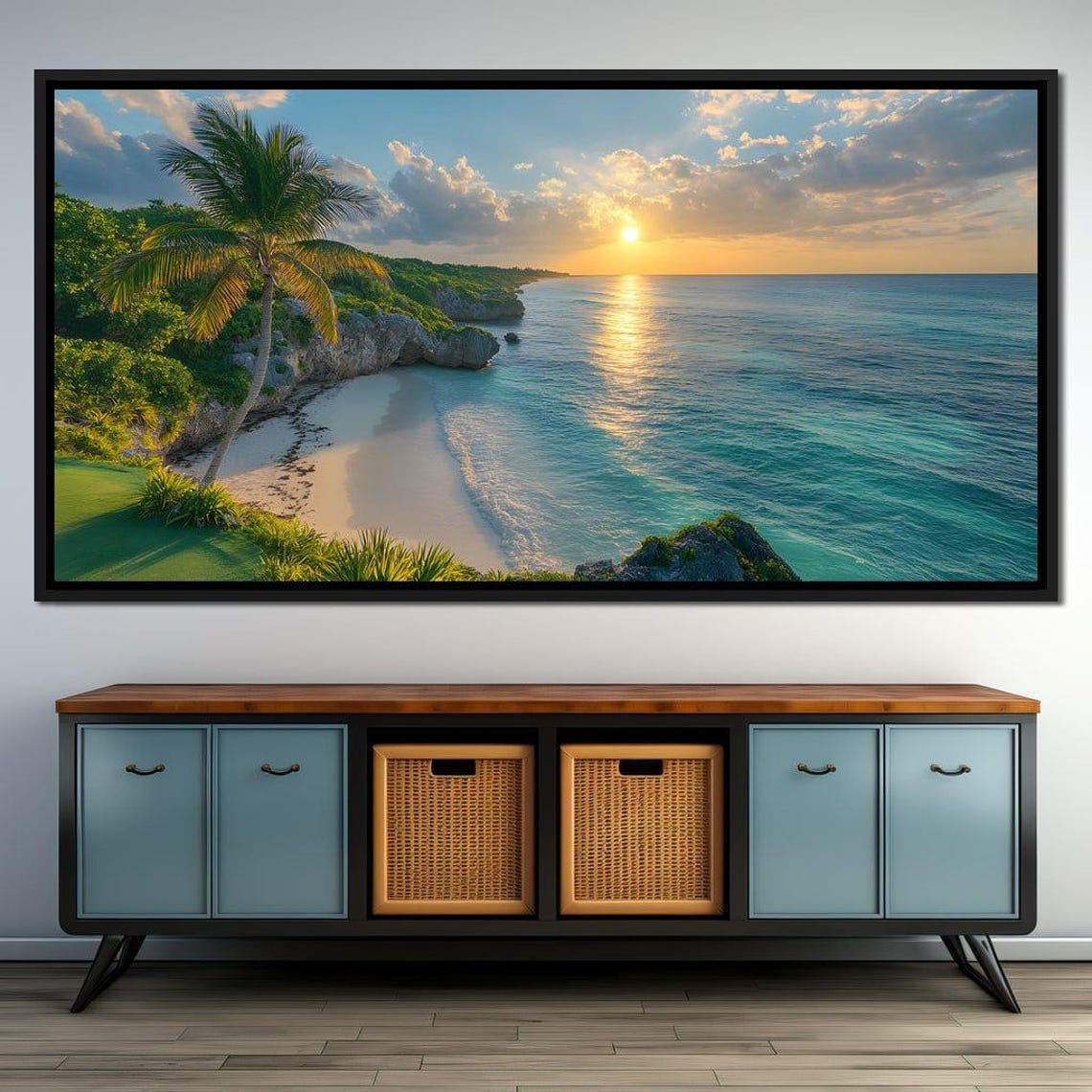 Tropical Beach Sunset With A Palm Tree And Rocky Cliffs Poster