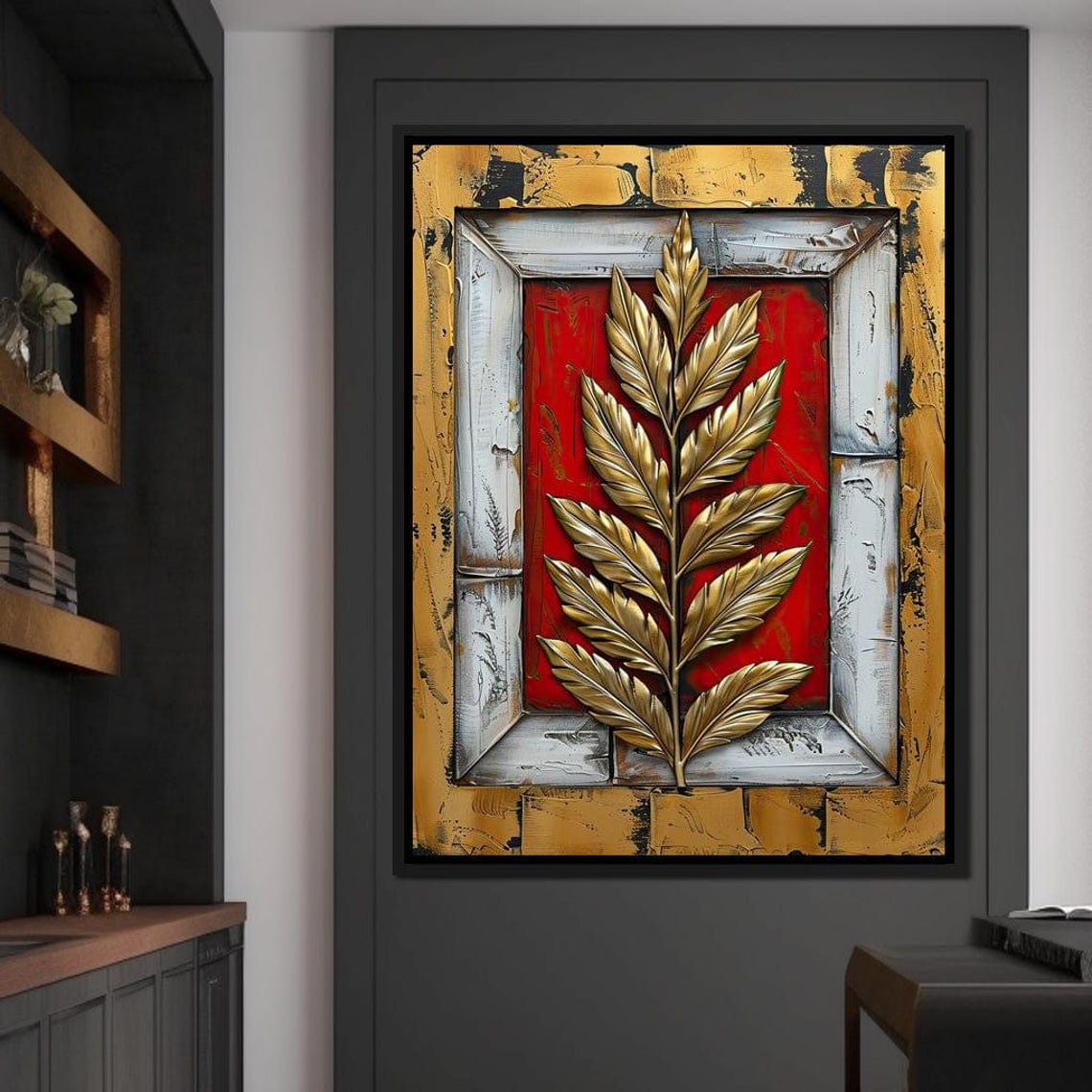 Golden Fern Branch Red Background Rustic Frame Botanical Art Print