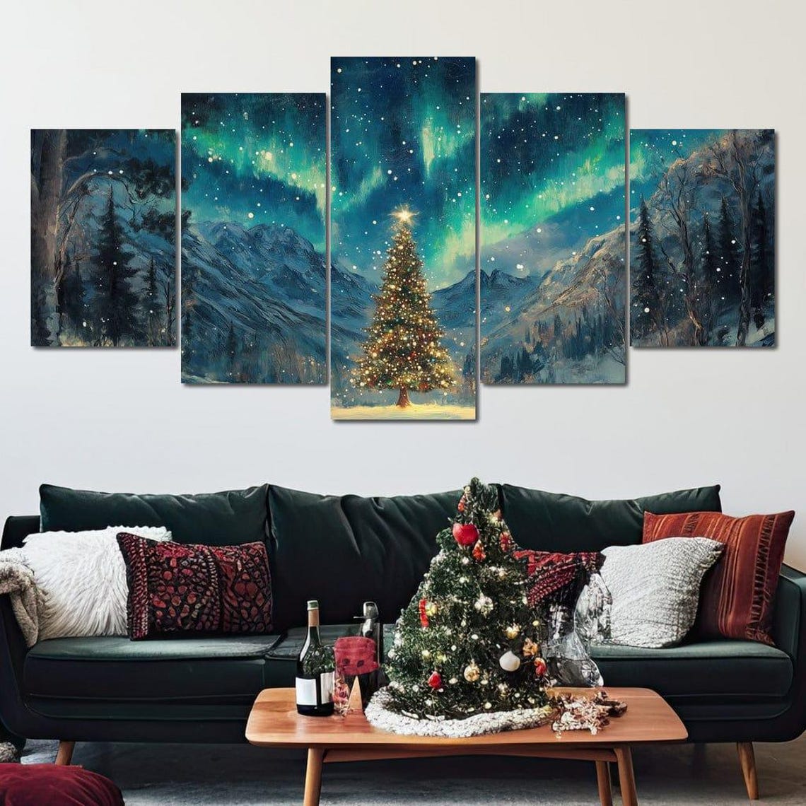 Lit Christmas Tree Under Aurora Northern Lights Mountains Poster
