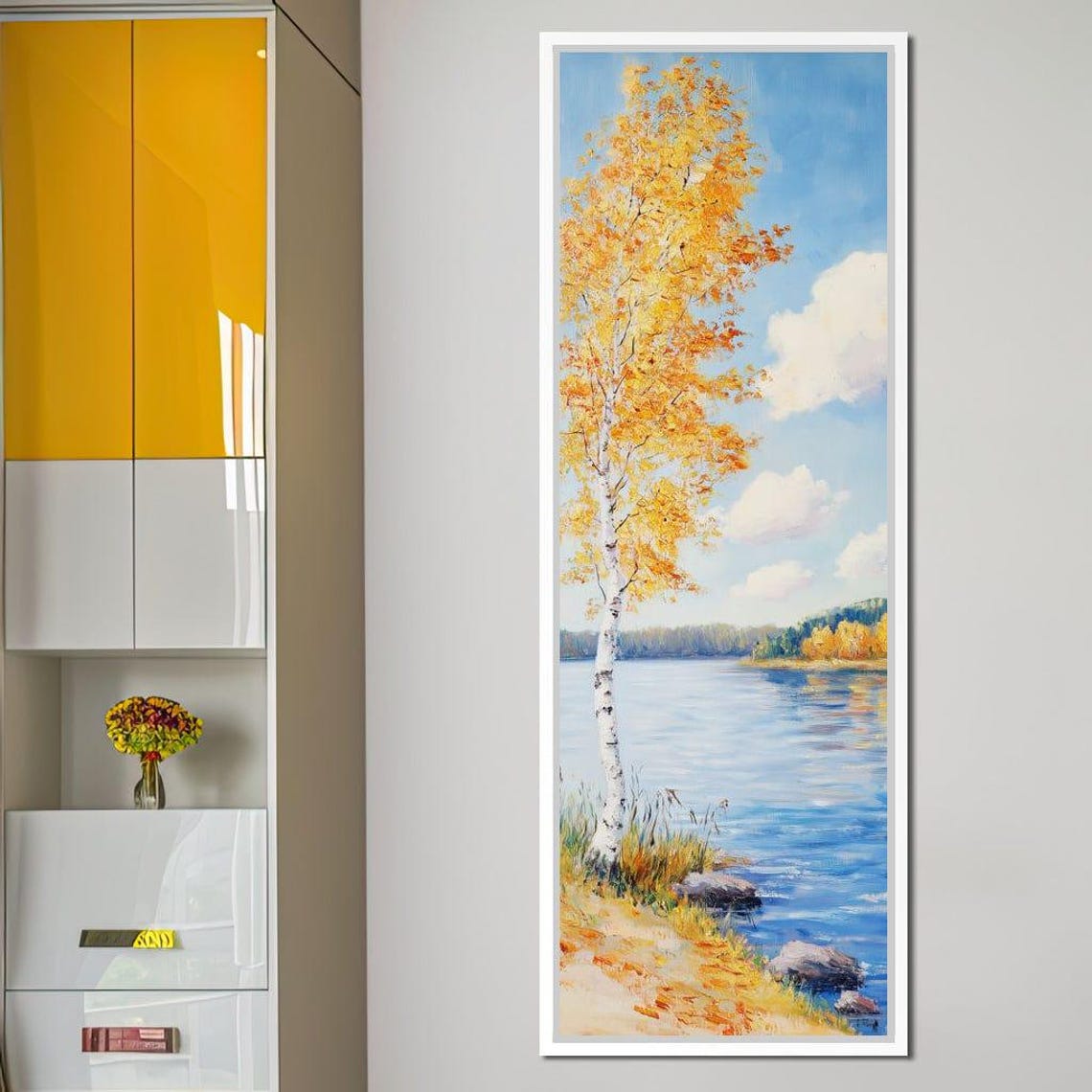 Golden Birch Tree By Autumn Lake Blue Water Fall Colors Nature Print - Image 3