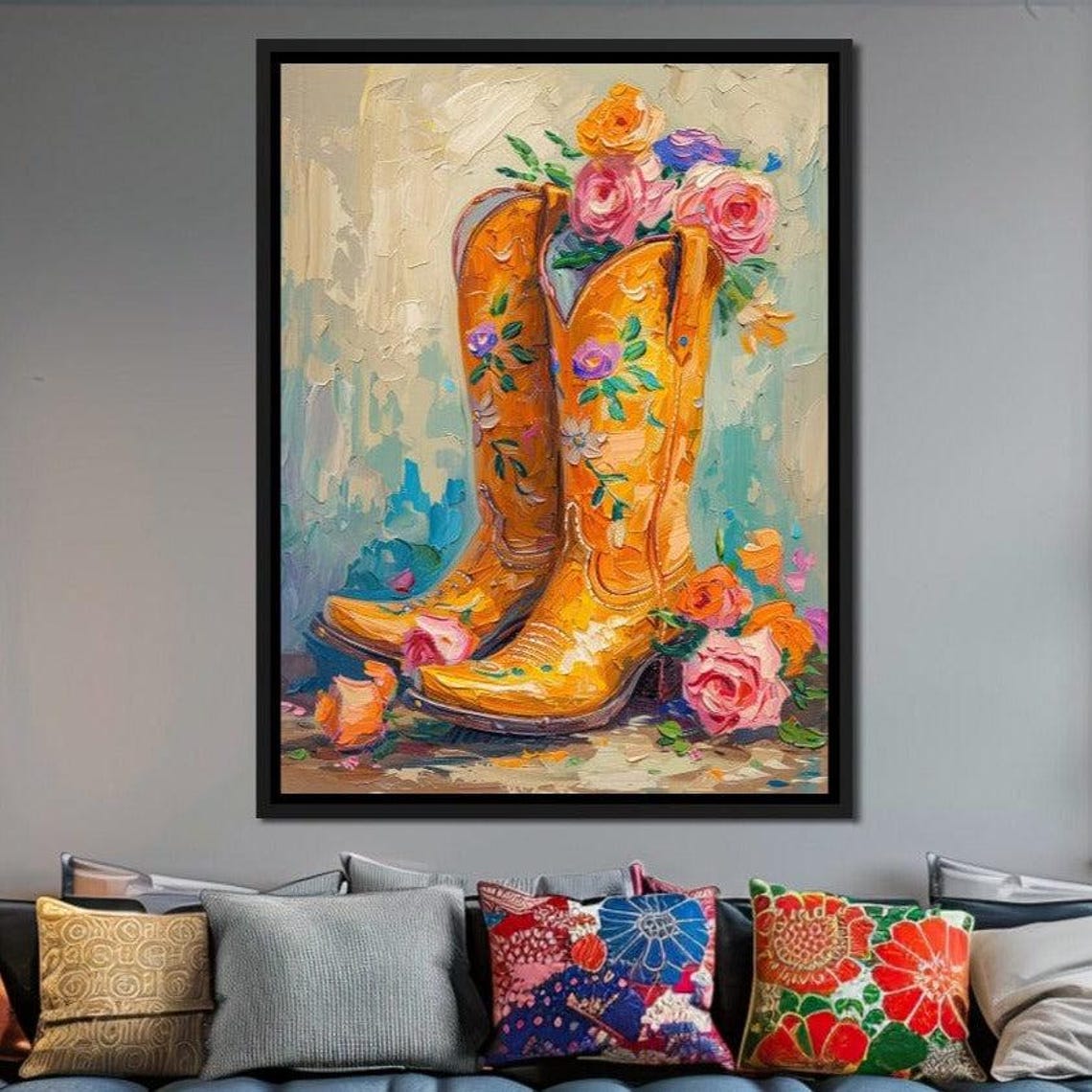 Yellow Embroidered Cowboy Boots Flowers Western Rustic Wall Poster