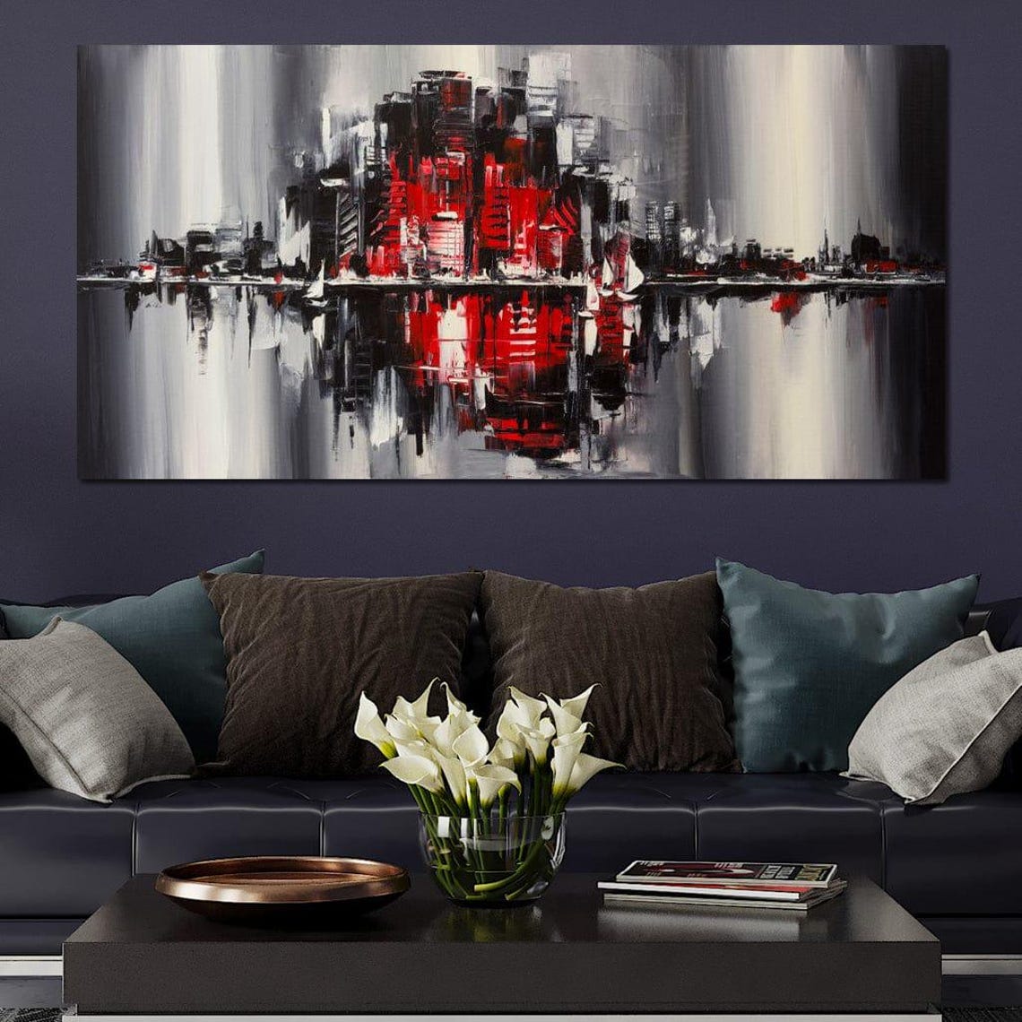 Red Black Grey Abstract City Skyline Water Reflection Modern Wall Art - Image 3