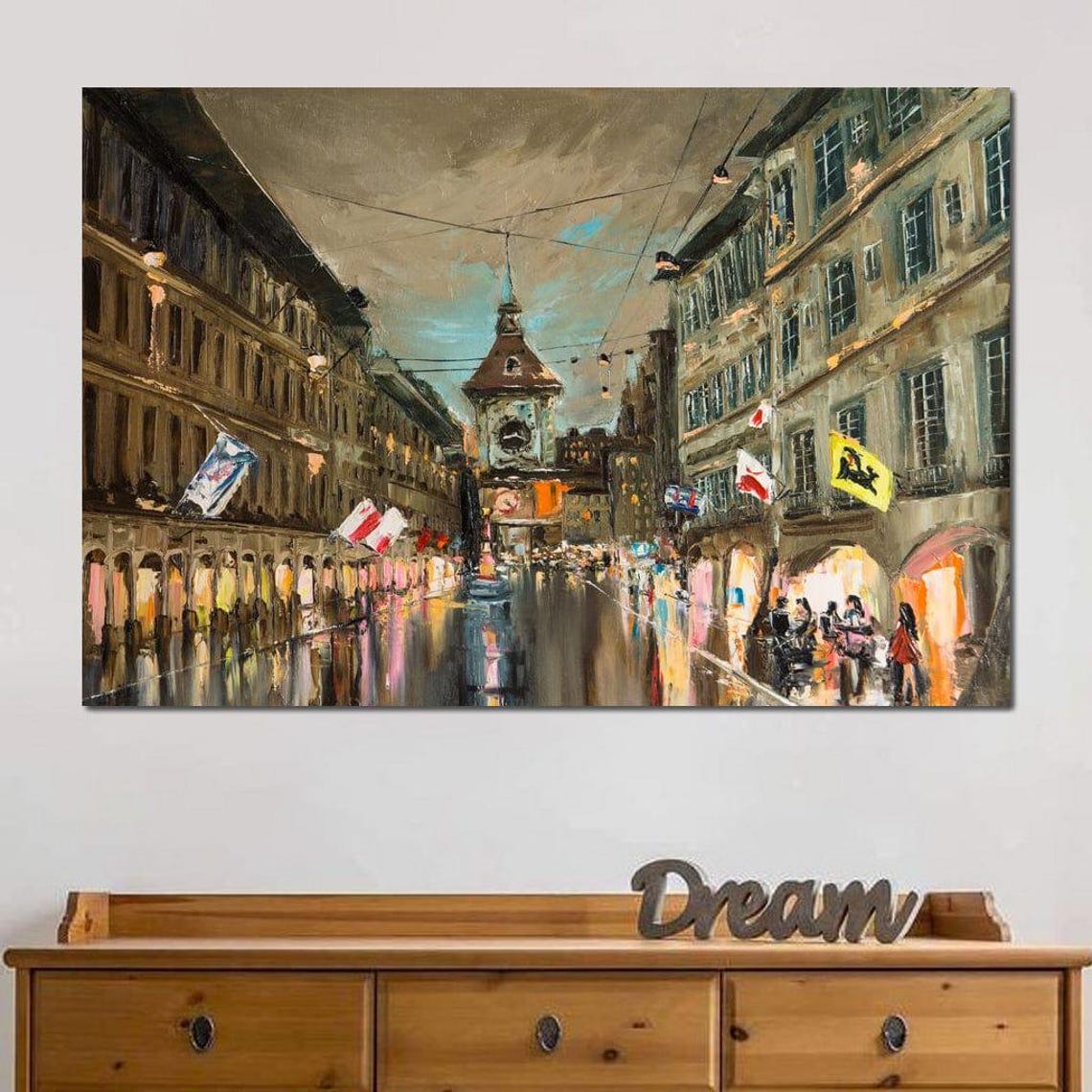 European City Czech Republic Oil Painting Wall Art Cozy Urban Street View Night City Lights Modern Decor By Nichecanvas - Image 4