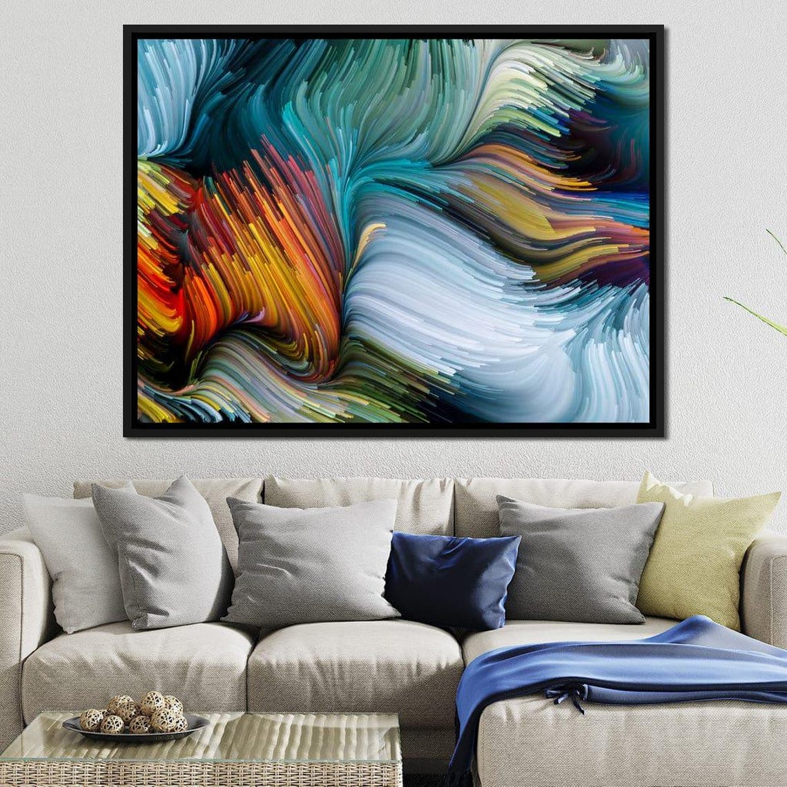 Teal Orange Yellow Fluid Wave Five Panel Modern Abstract Wall Art - Image 2