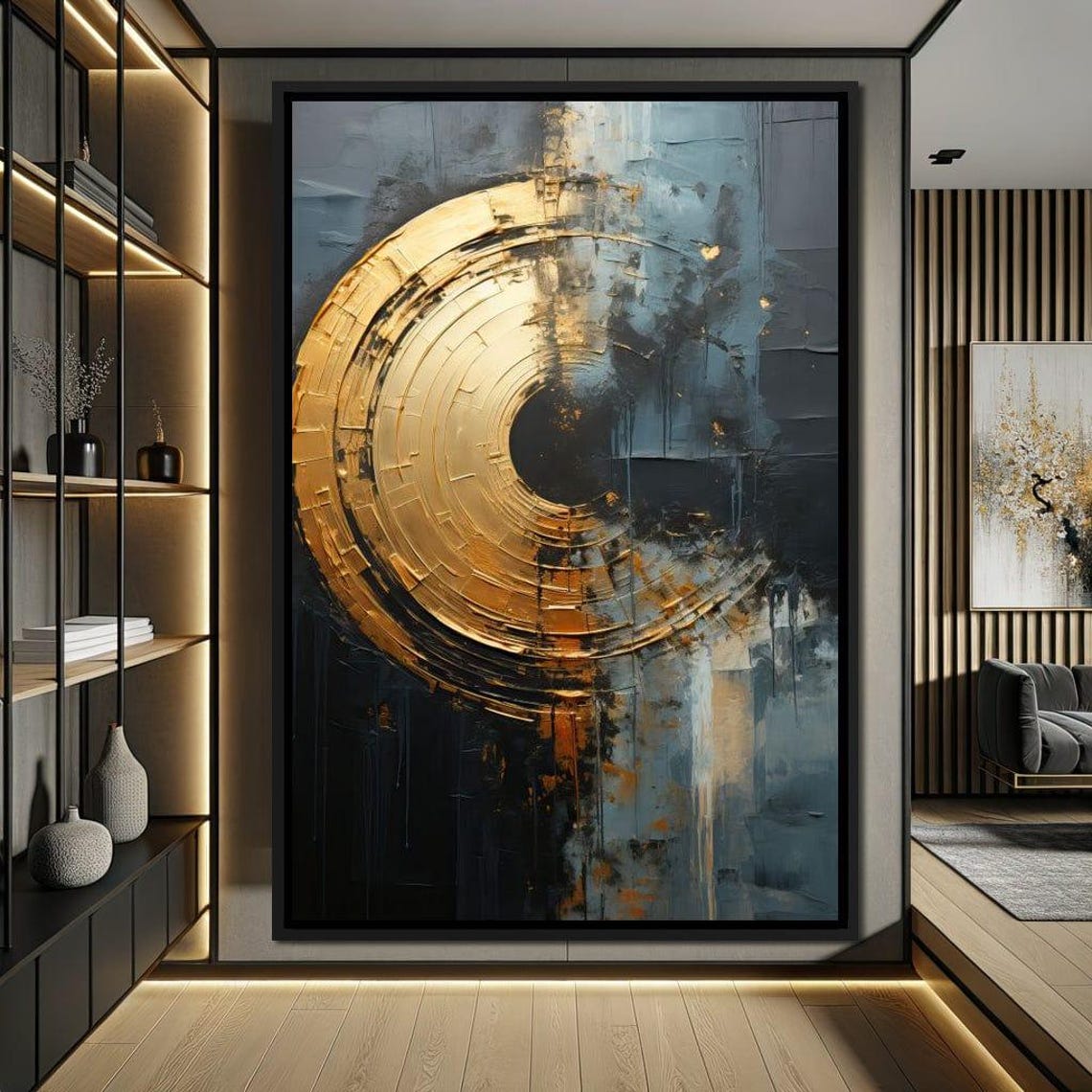 Gold Crescent Eclipse Abstract Art Dark Teal Textured Ring Wall Poster