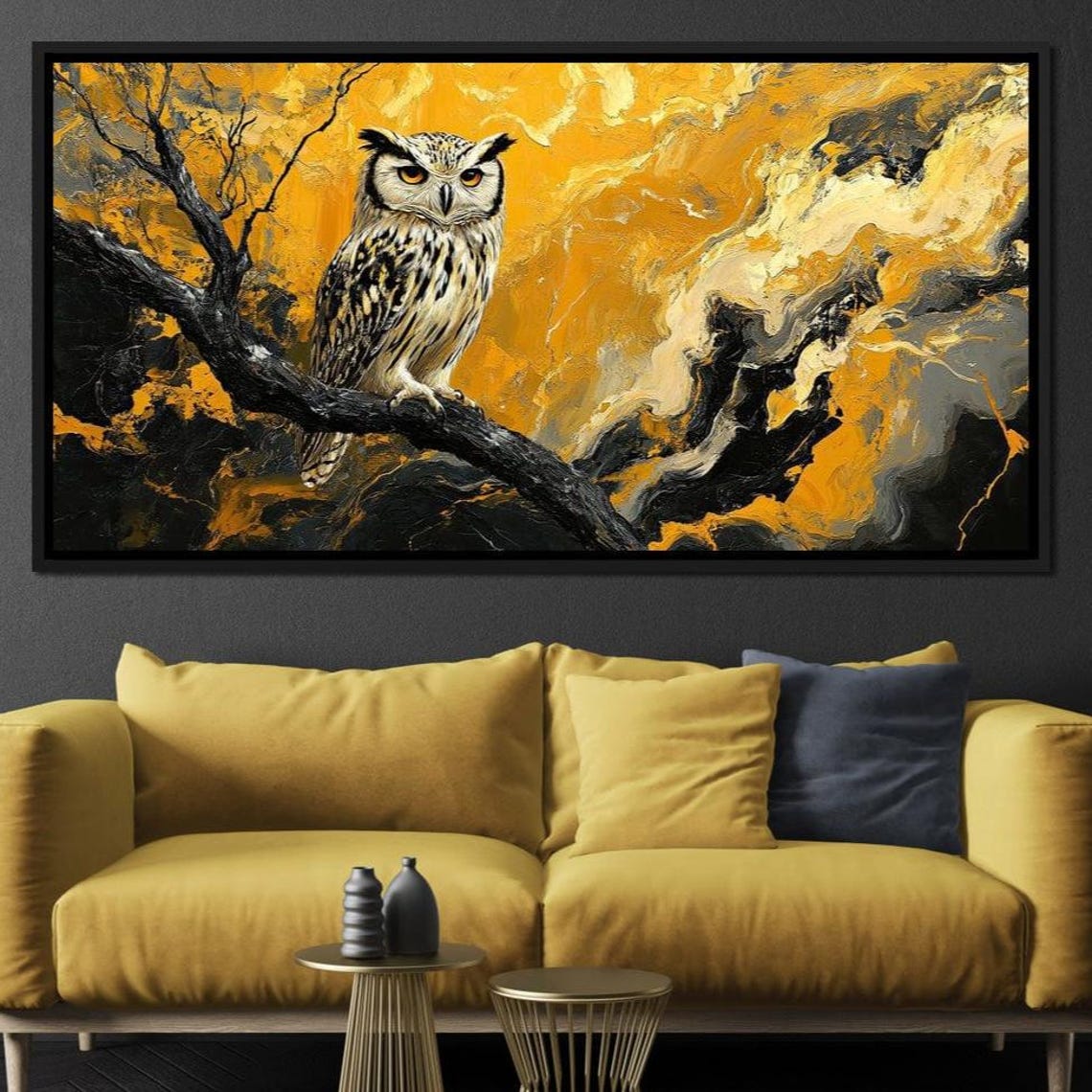 Horned Owl Golden Storm Black Branch Mystical Night Wildlife Poster