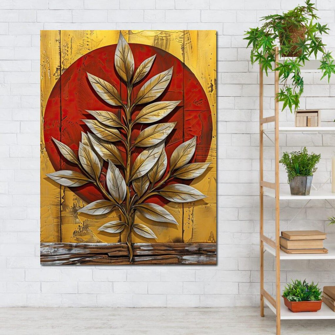 Golden Foliage On Fiery Sphere, Abstract Art Print - Image 2