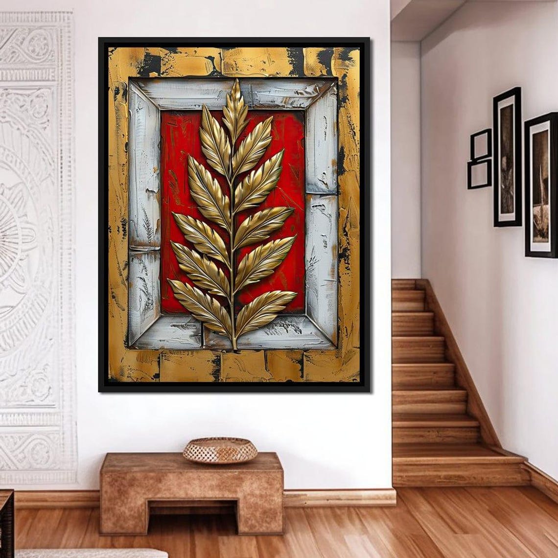 Golden Fern Branch Red Background Rustic Frame Botanical Art Print - Image 4