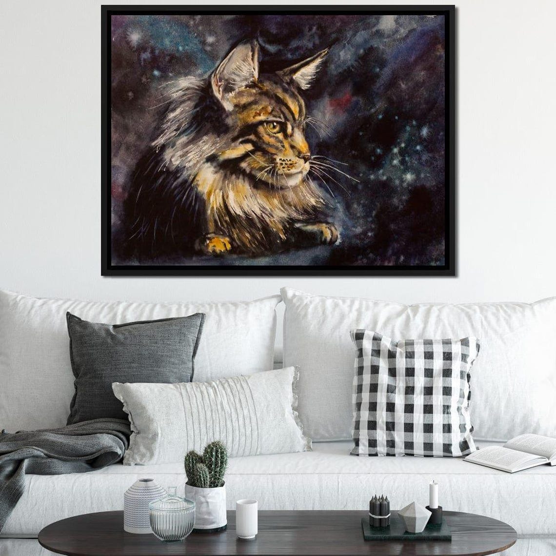 Maine Coon Cat Watercolor Night Sky Celestial Feline Wall Art - Image 2