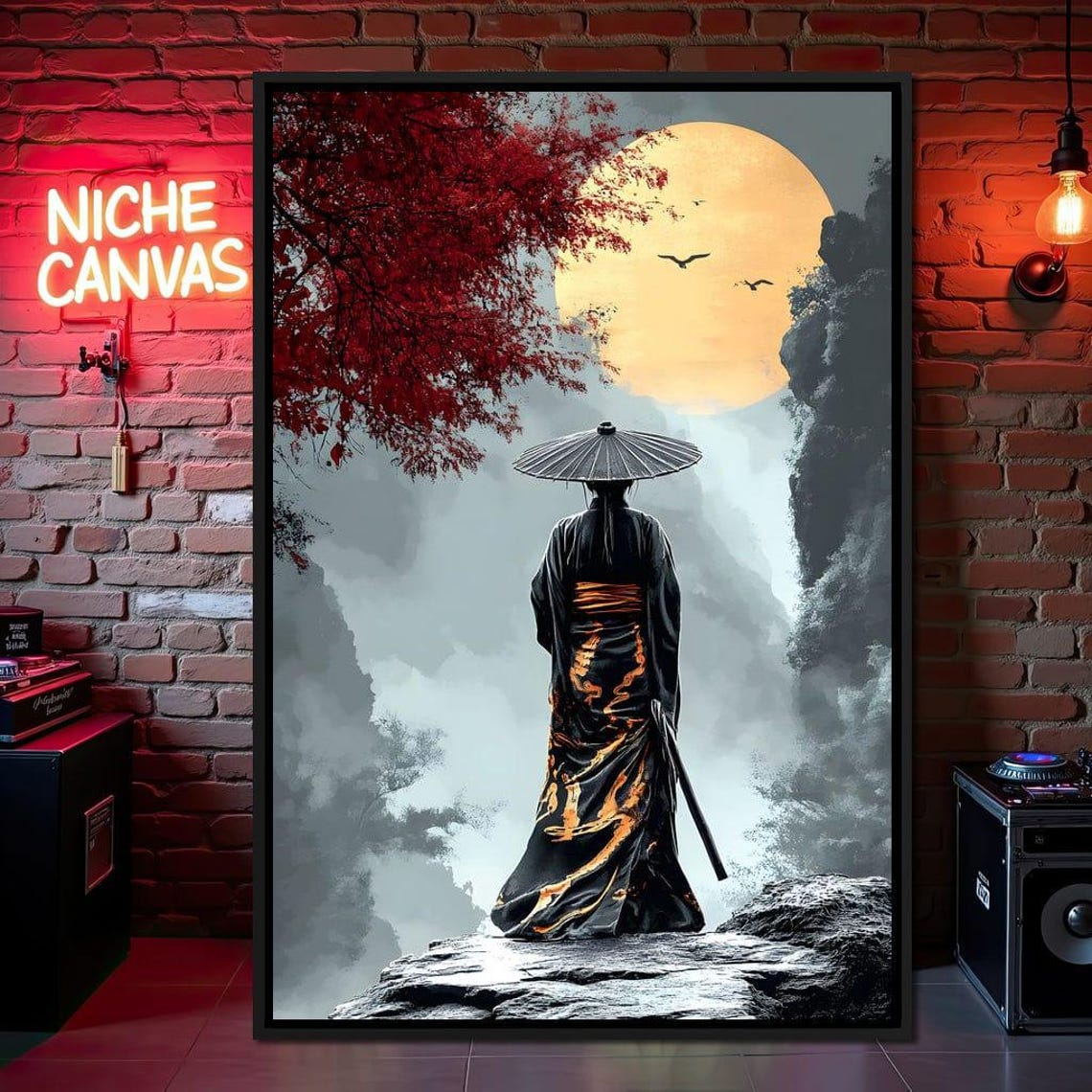 Japanese Figure In Kimono And Hat Under A Golden Moon Zen Wall Art