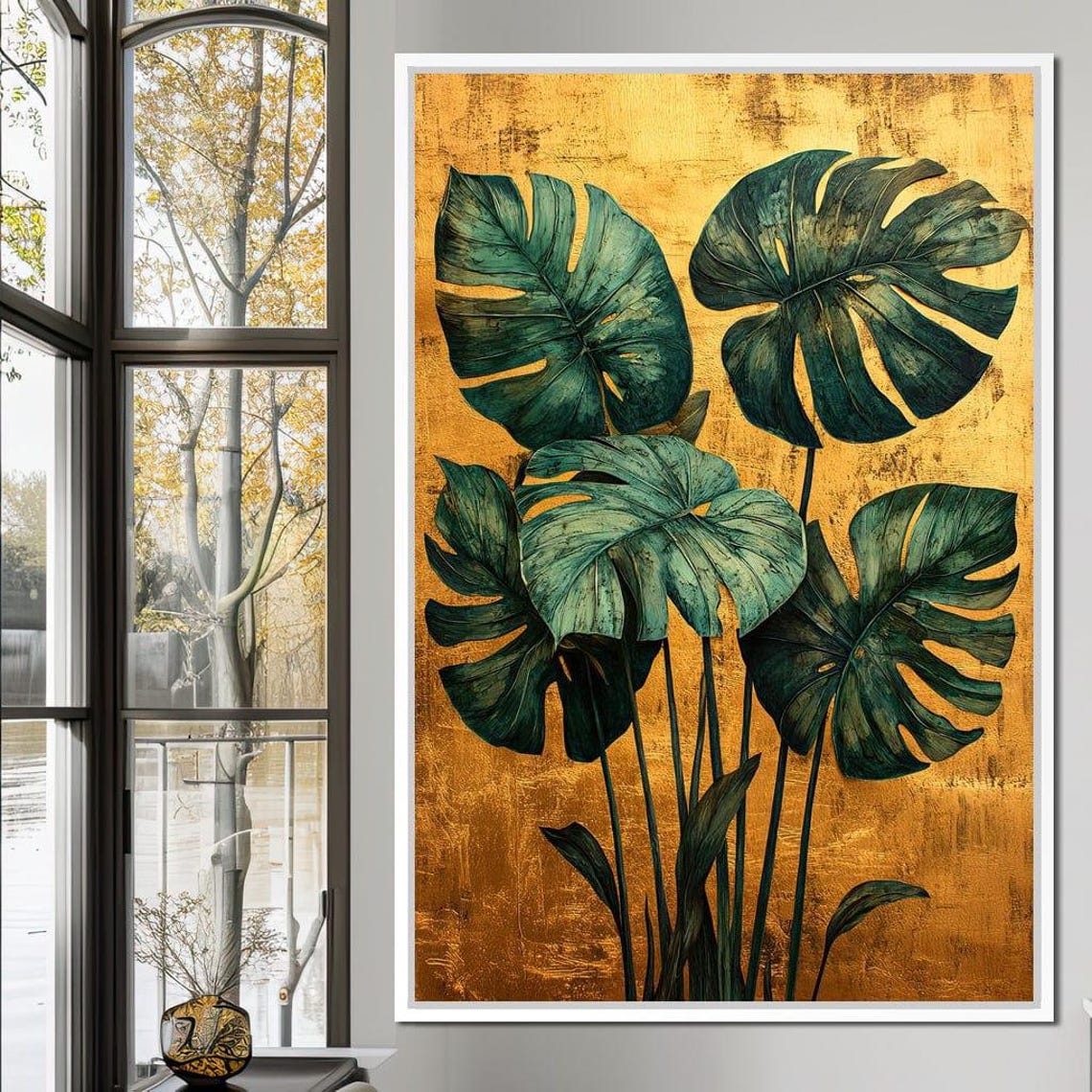 Monstera Leaves Green Gold Tropical Botanical Elegant Vertical Poster - Image 3