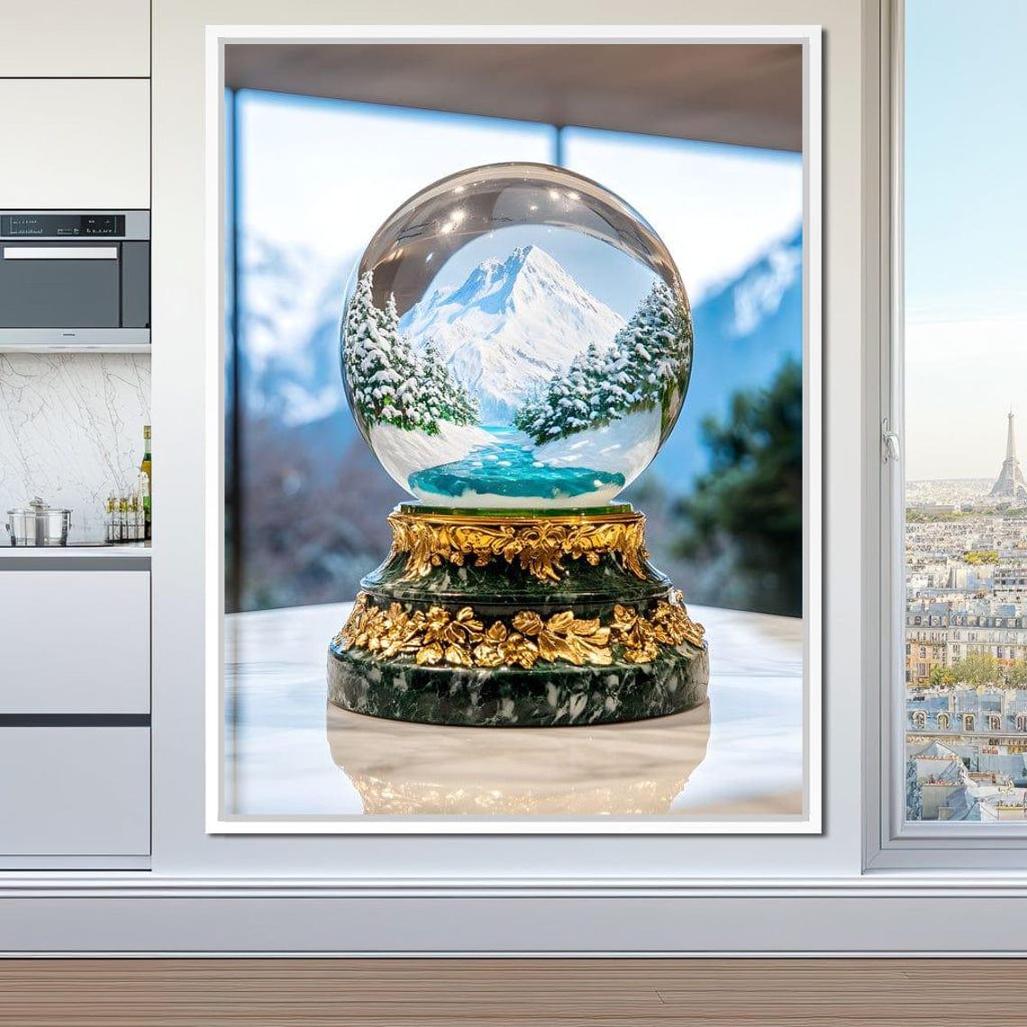 Snow Globe With Snowy Mountain Village And Golden Base Poster - Image 4