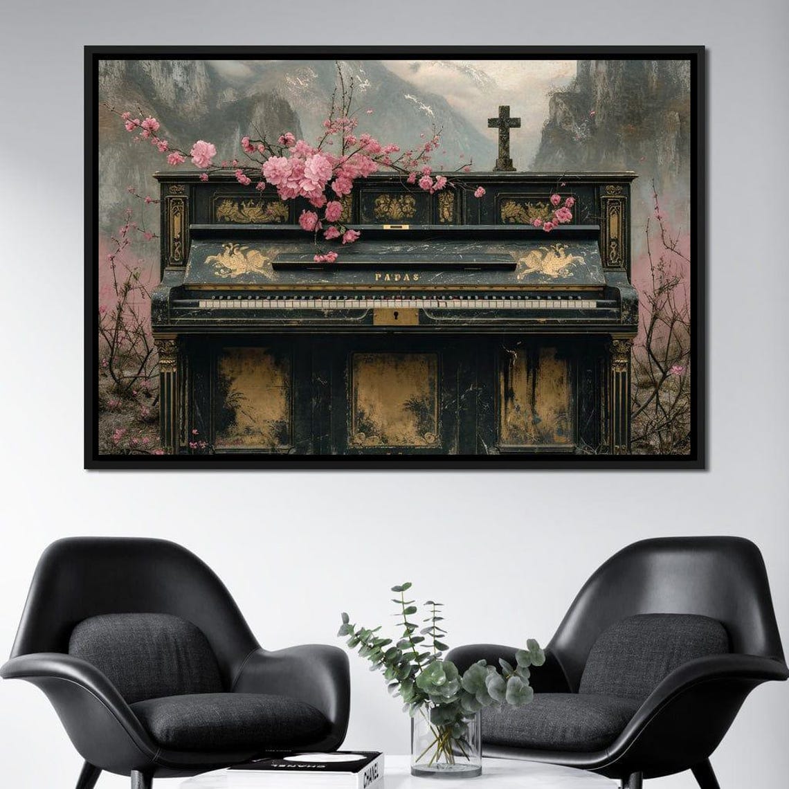 Antique Upright Piano Pink Cherry Blossoms Mountain Scene Art Poster - Image 2