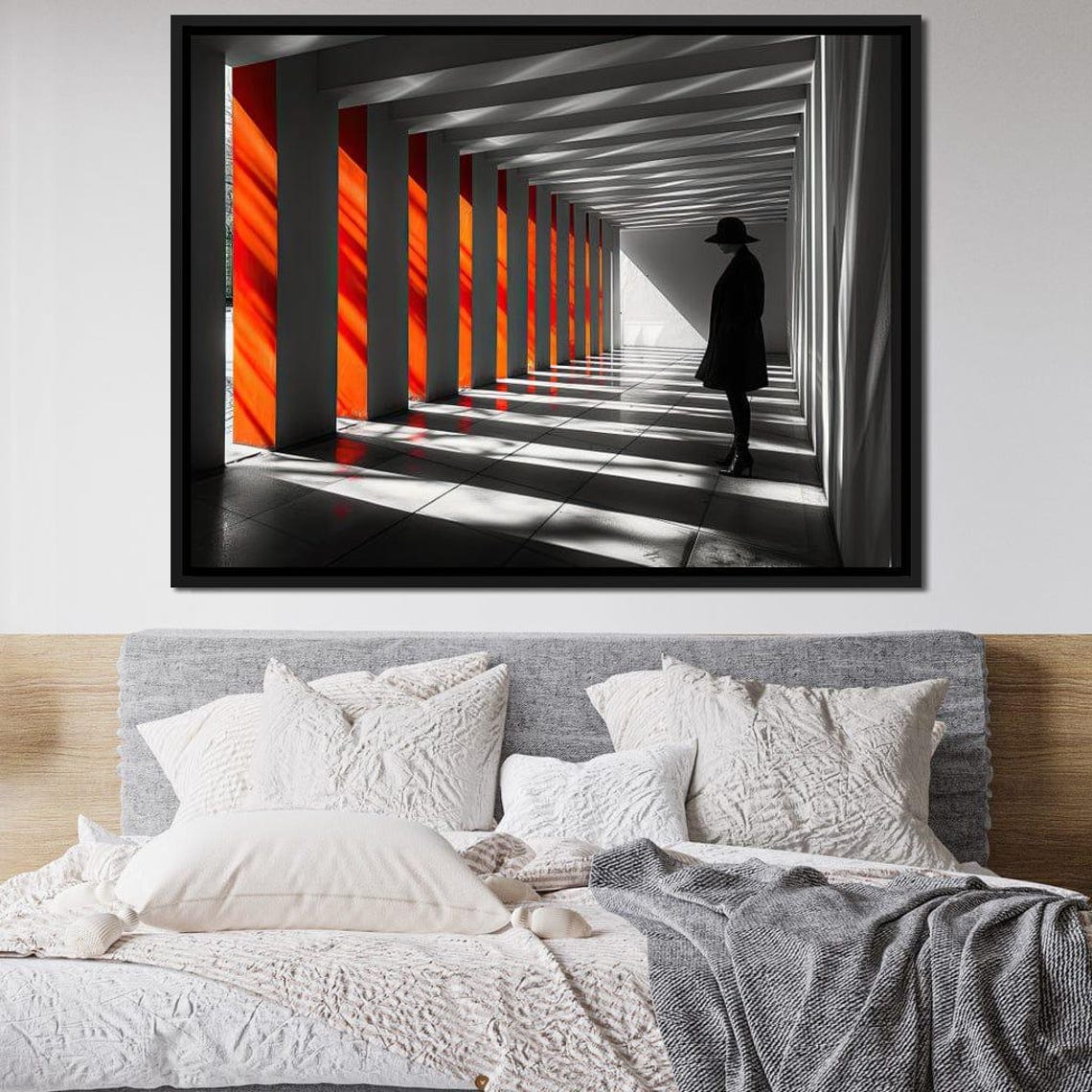 Monochrome Corridor Red Panels Silhouette Figure Modern Art Print - Image 3
