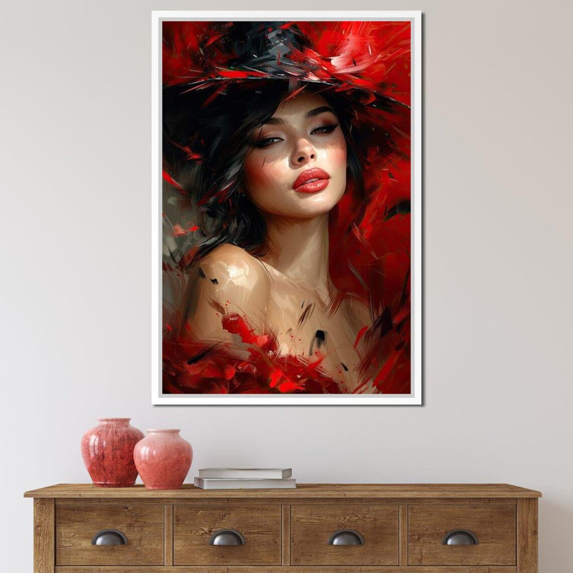 Scarlet Fedora Beauty Dark Glamour Bold Red Portrait Wall Art - Image 3